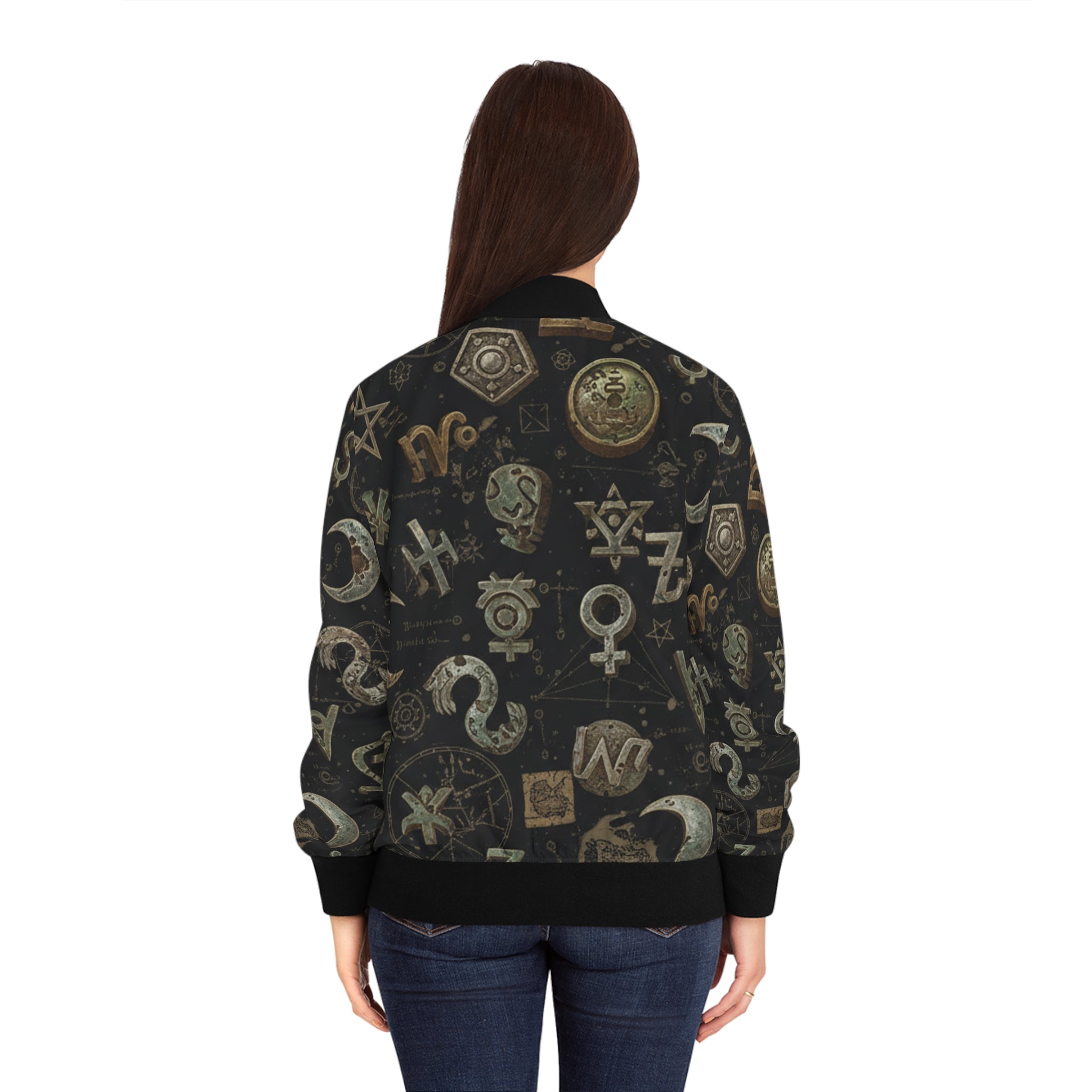 Witchy Symbol Pattern Bomber Jacket — Mystical Moon & Alchemy All-Over Print