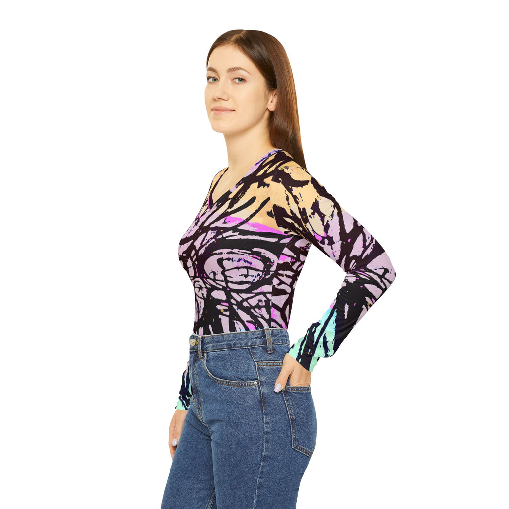 Women’s abstract v-neck long-sleeve shirt side view with purple, beige, and teal colors