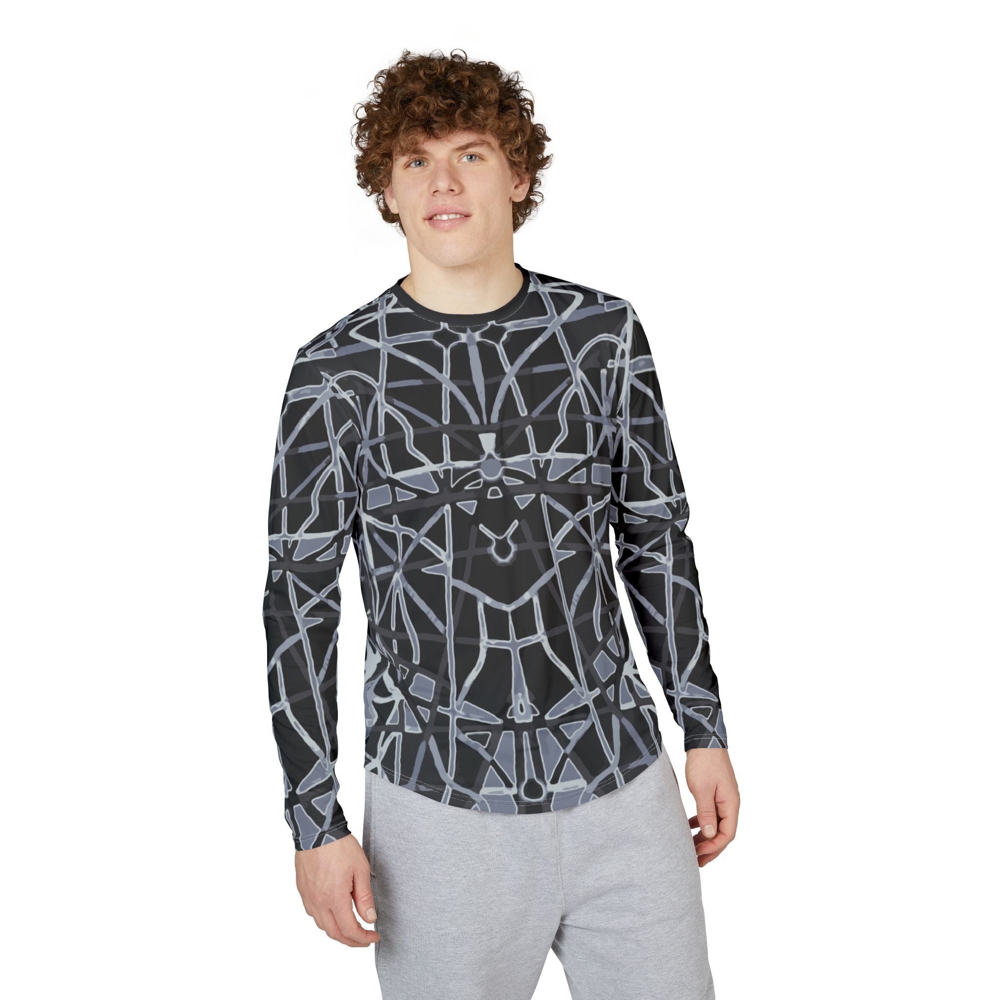 Men's Long Sleeve UV shirt "UPF 50+"  — Geometric Monochrome All-Over Print