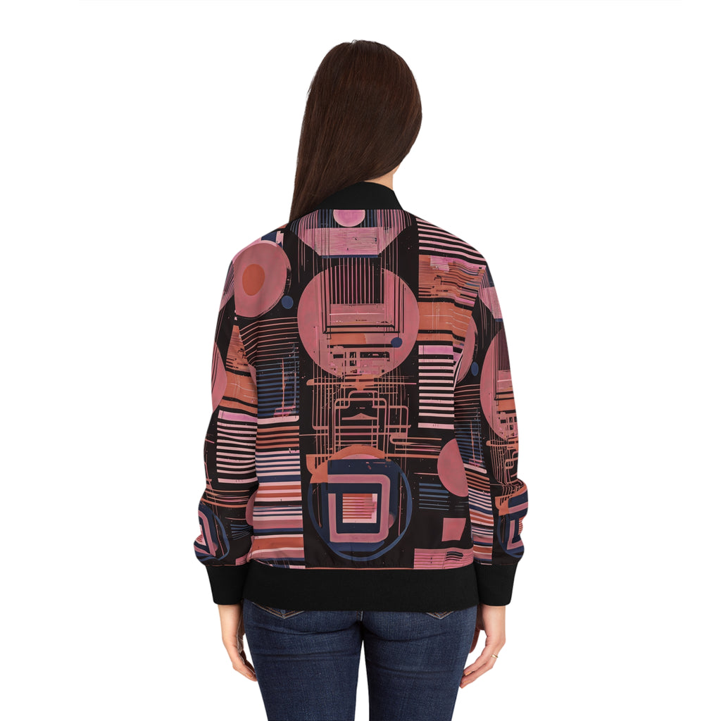 Pink and navy abstract bomber jacket, back view, black ribbed collar cuffs, full zipper