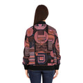 Pink and navy abstract bomber jacket, back view, black ribbed collar cuffs, full zipper