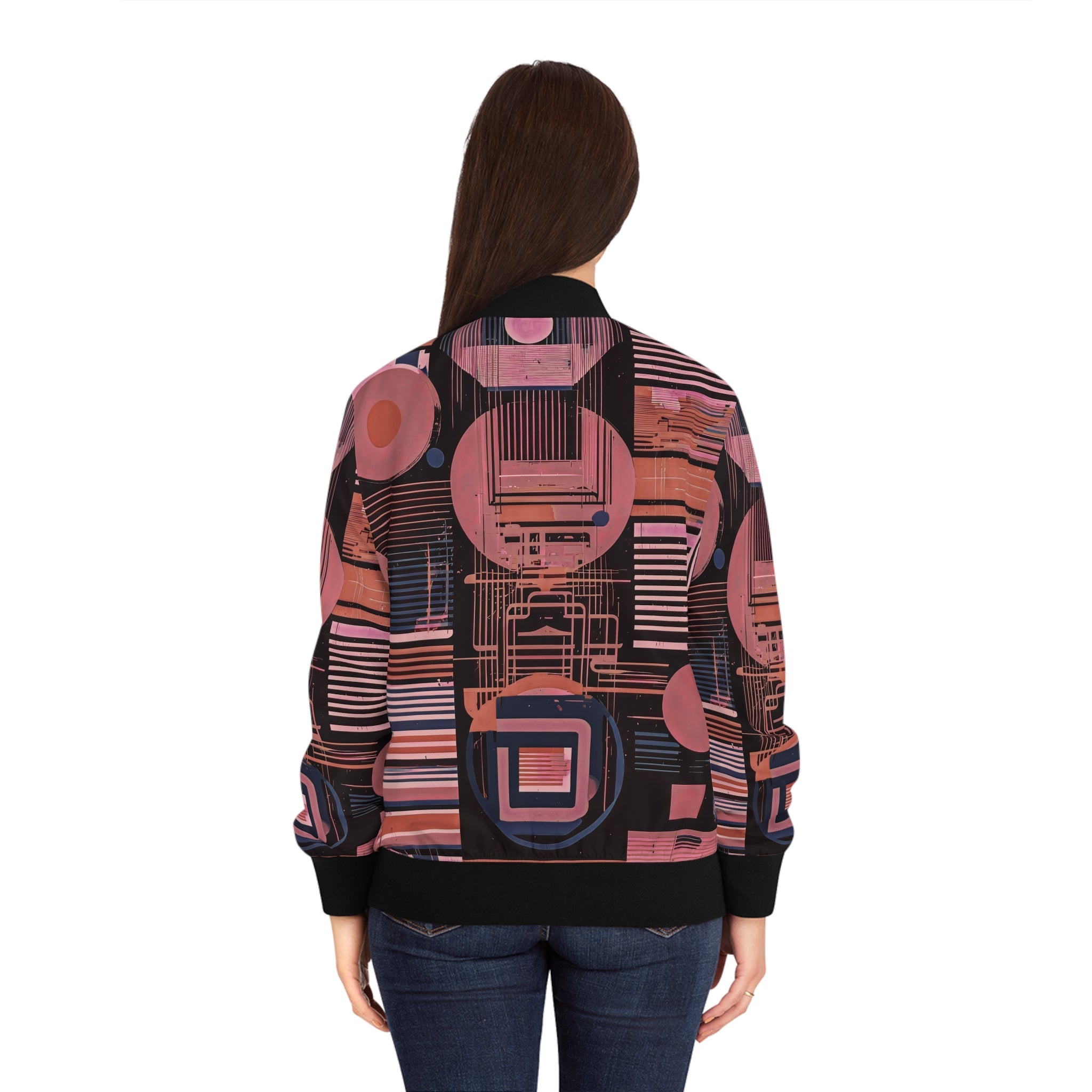 Pink and navy abstract bomber jacket, back view, black ribbed collar cuffs, full zipper