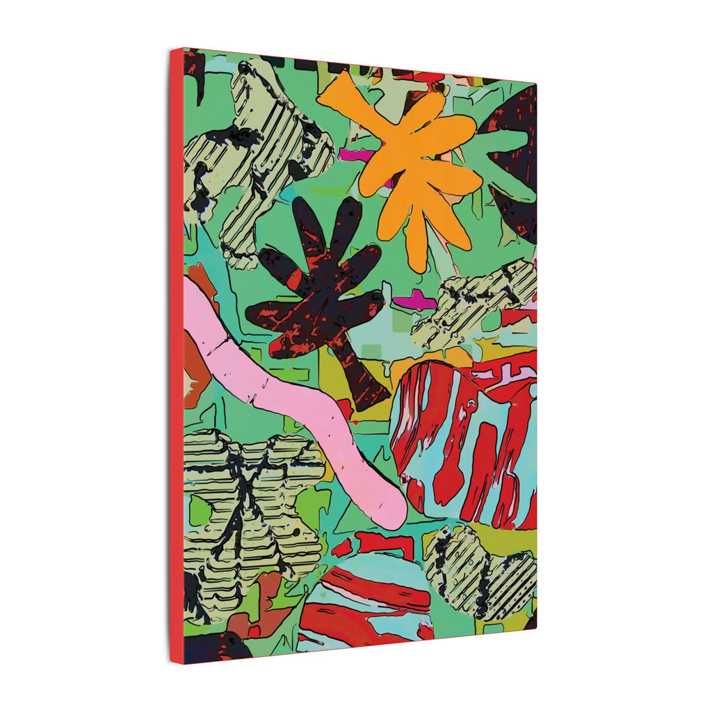 Abstract tropical canvas print in a thin frame, angled view with orange flower and red leaves