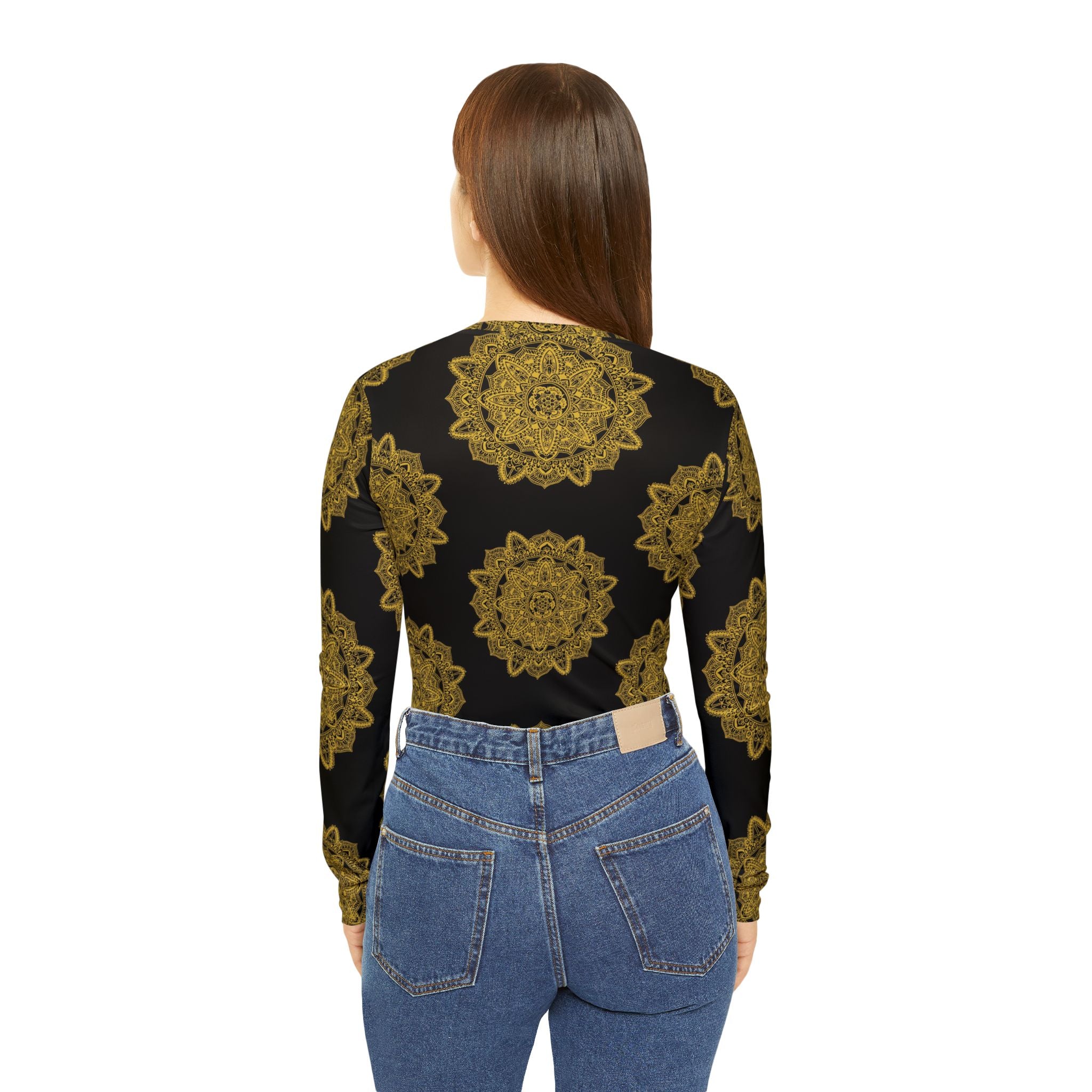 Women's v-neck long-sleeve shirt on model, back view in black with gold mandala print