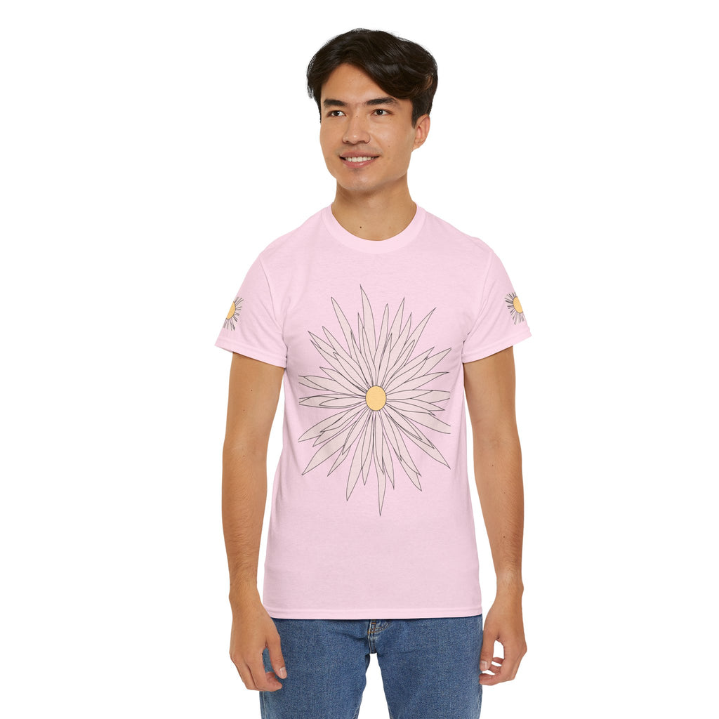 Light pink crew-neck graphic tee with centered daisy flower front design