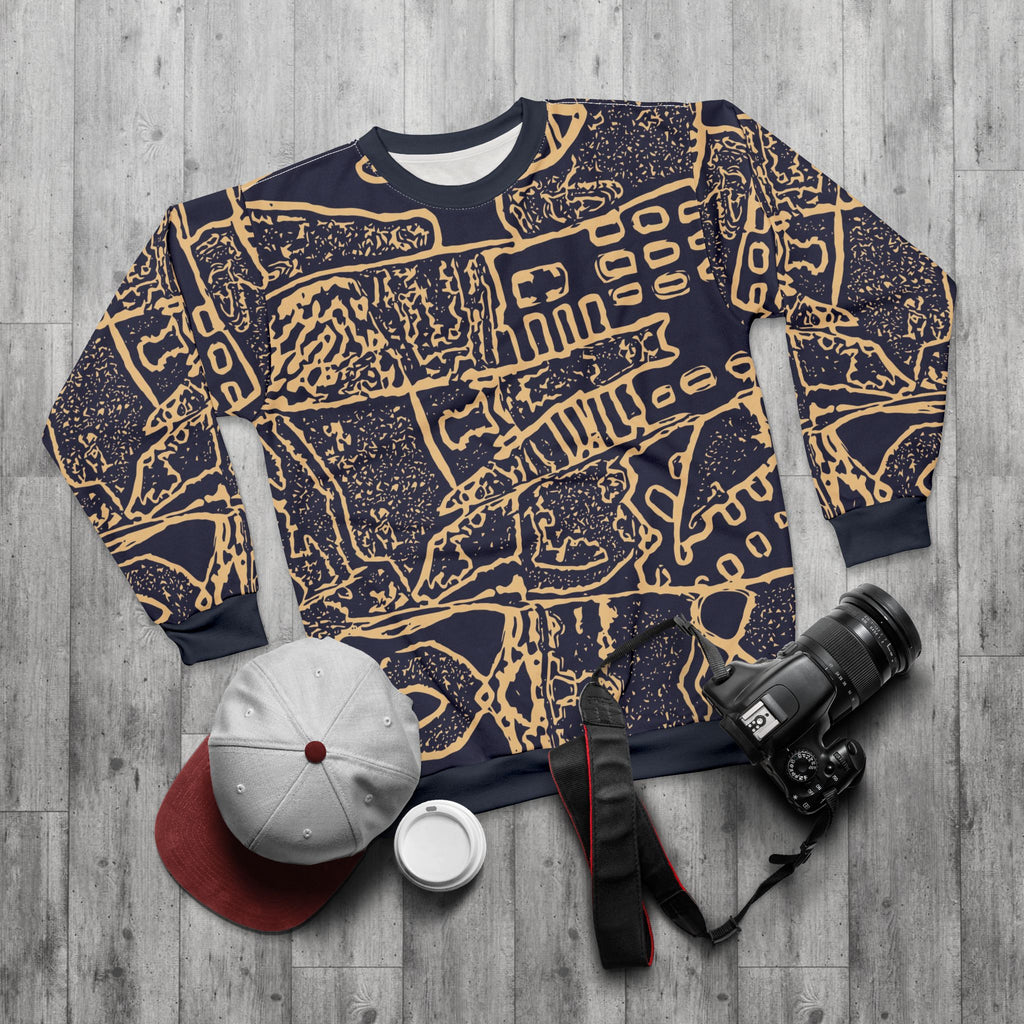 Abstract Navy & Gold All-Over Print Sweatshirt — Geometric Sketch Pattern