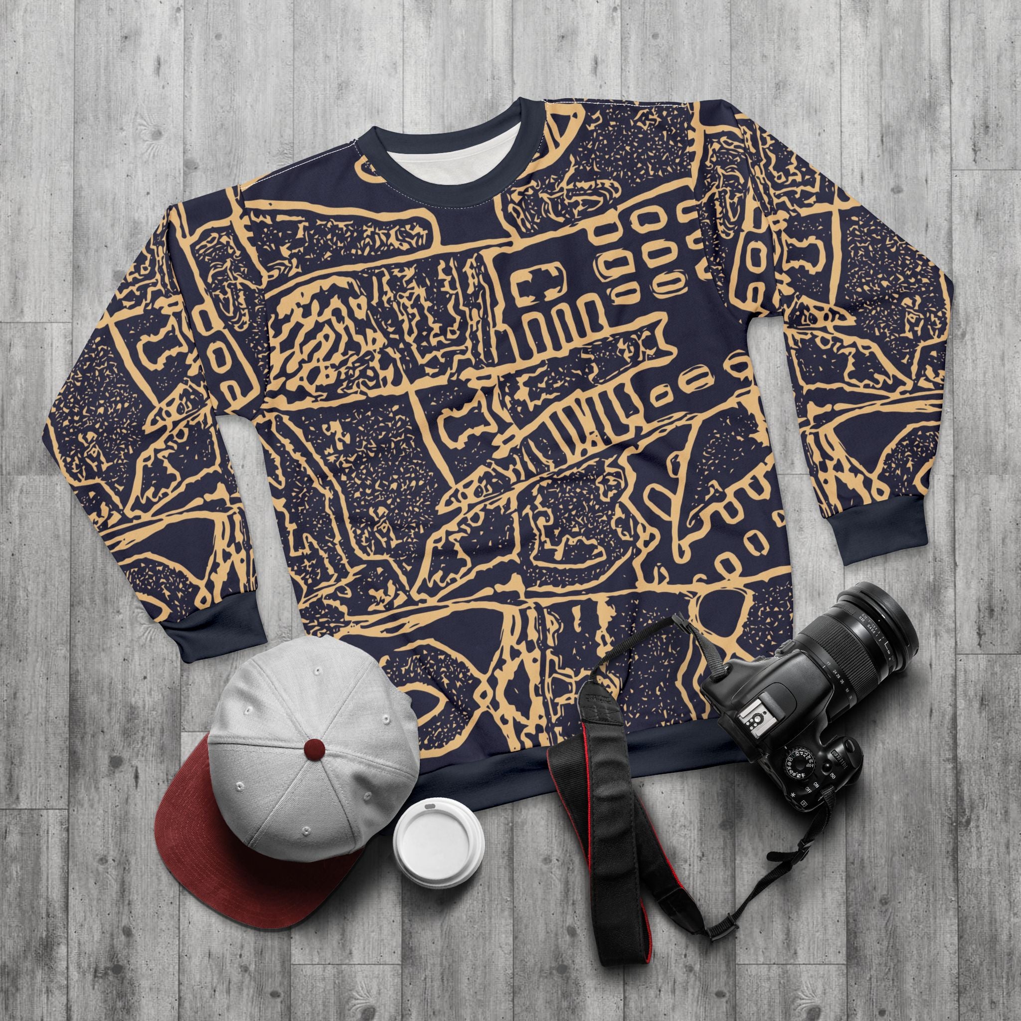 Abstract Navy & Gold All-Over Print Sweatshirt — Geometric Sketch Pattern