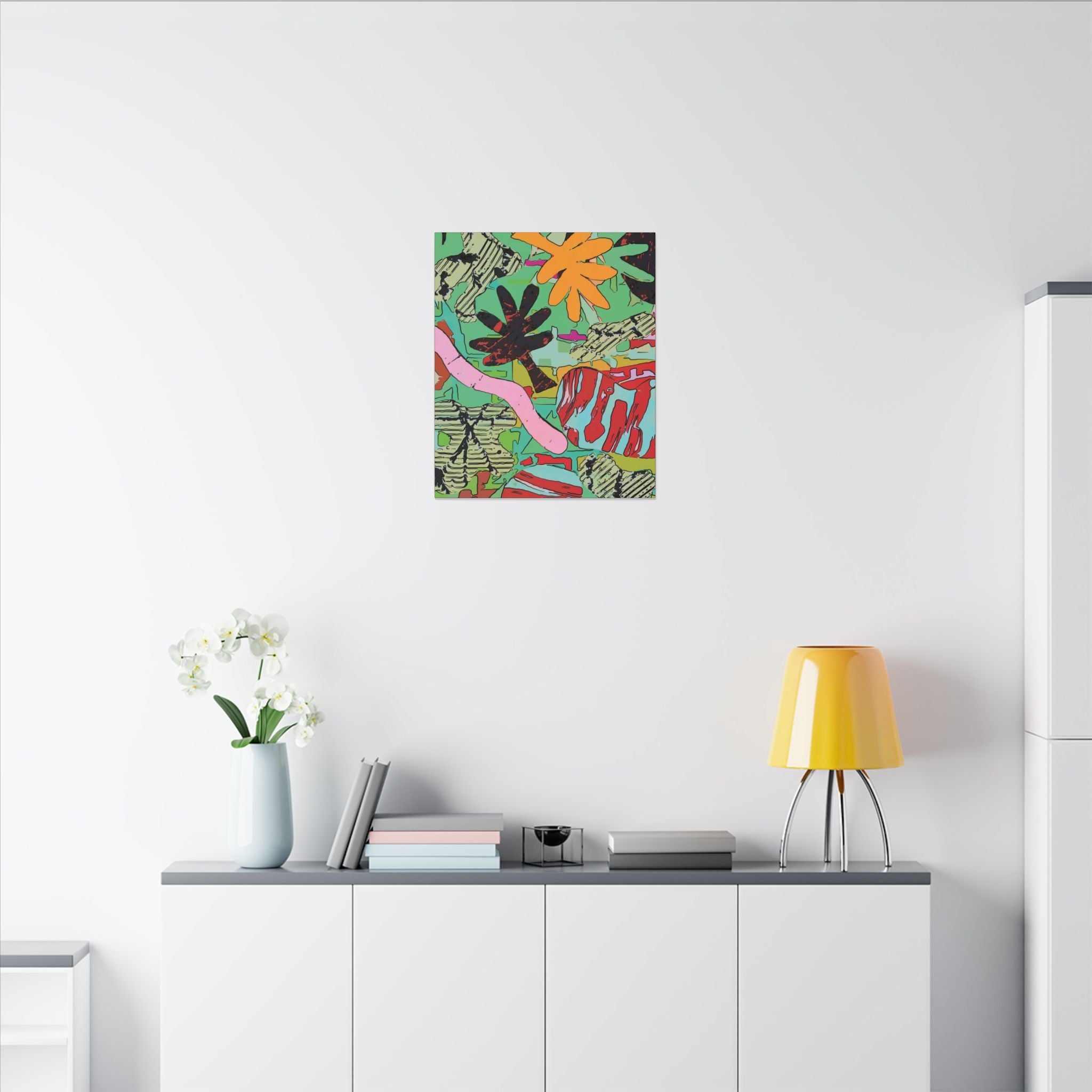 Square colorful botanical abstract canvas print with green, pink, red, and orange graphic details