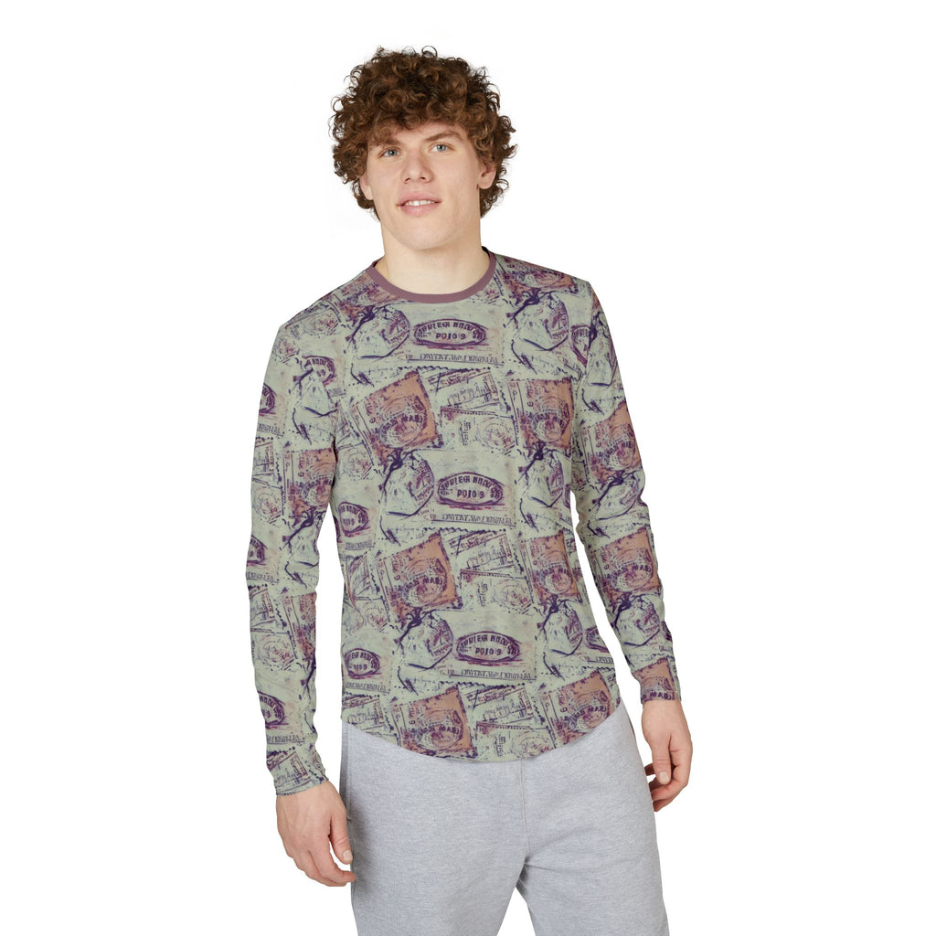 Men's UV Long Sleeve Shirt — "UPF 50+" Vintage Travel Stamp All-Over Print
