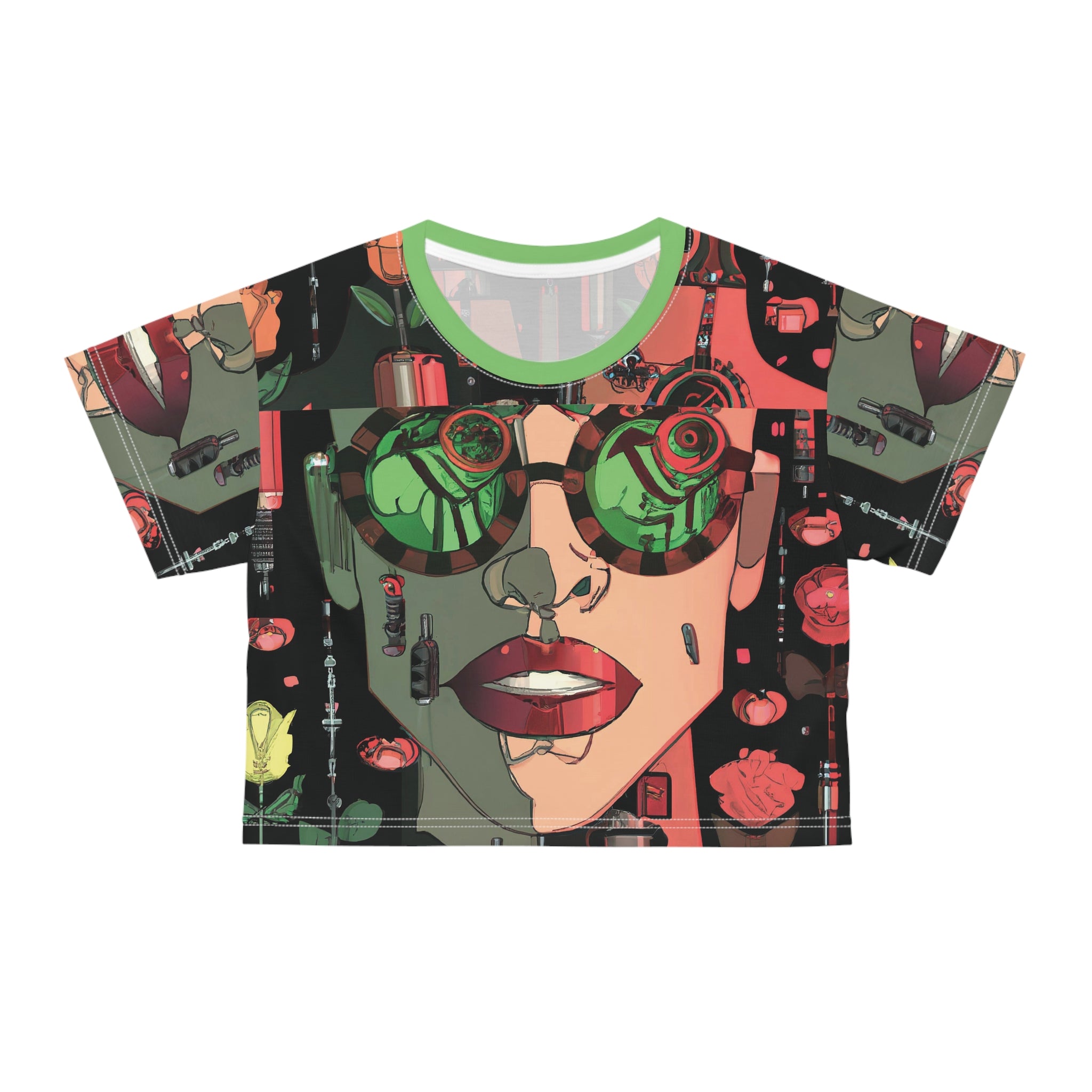 Cyberpunk Sunglasses Crop Tee — Retro Futurist Pop Art AOP