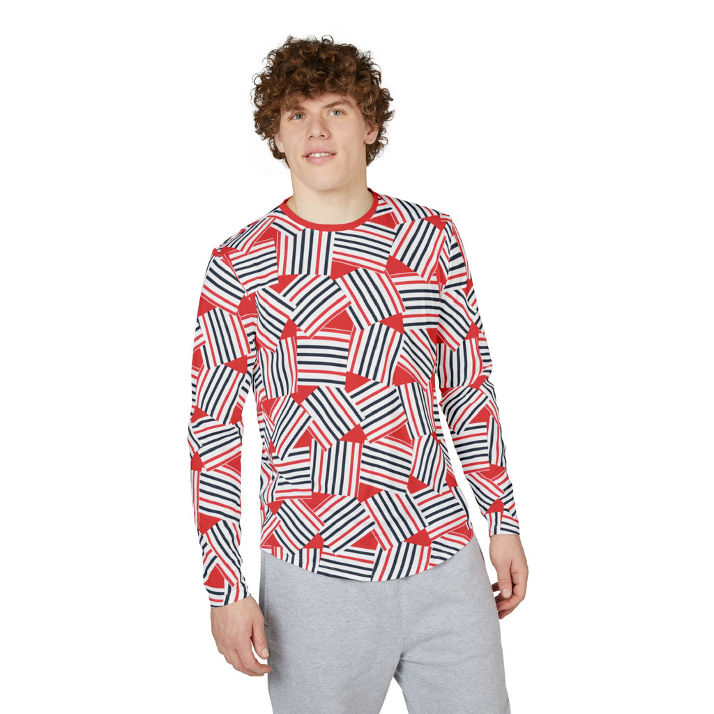 Men's Red White Blue Striped UV Sun Protection   "UPF 50+" Long Sleeve Shirt — All-Over Print