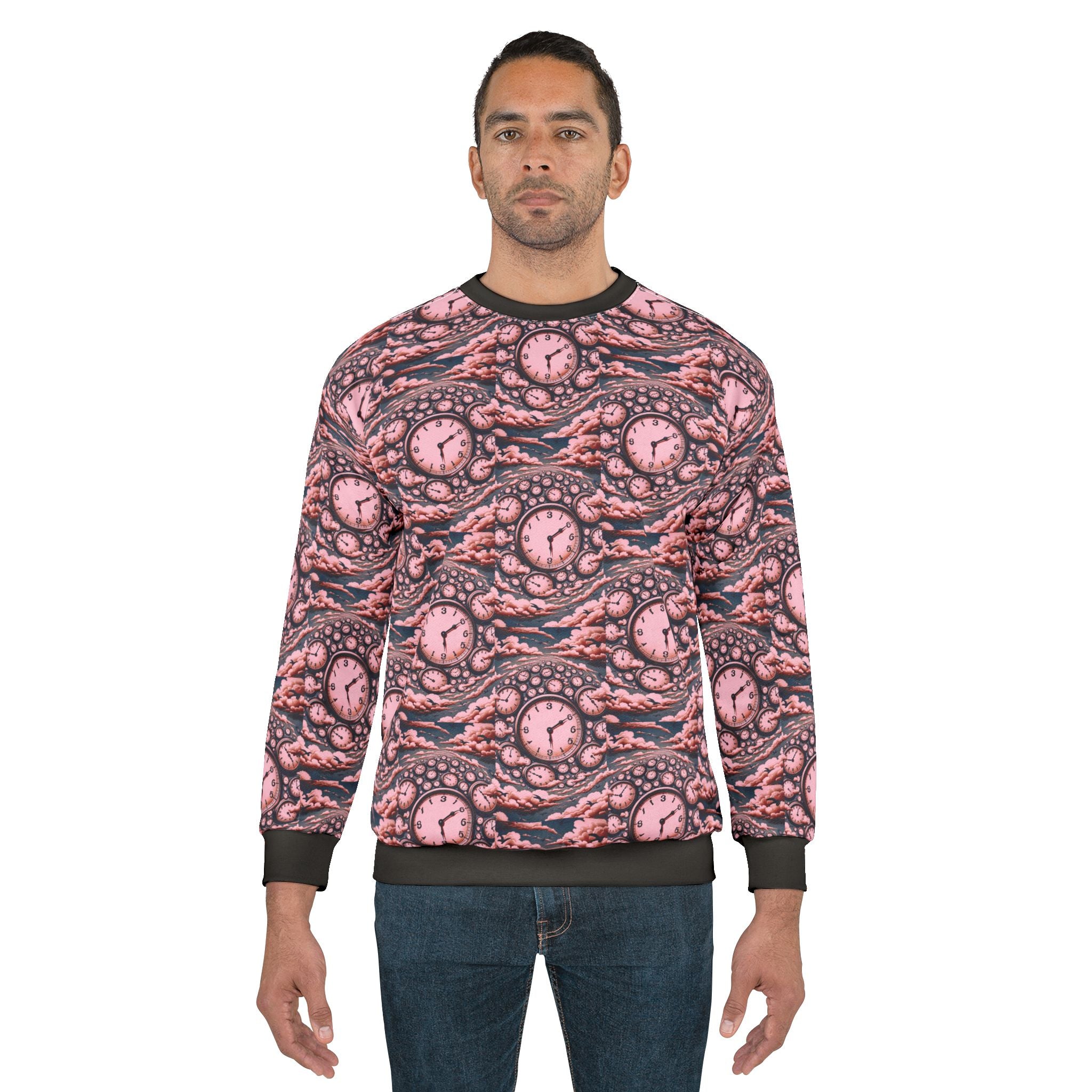 All-Over Print Sweatshirt — Surreal Pink Clockwave Pattern