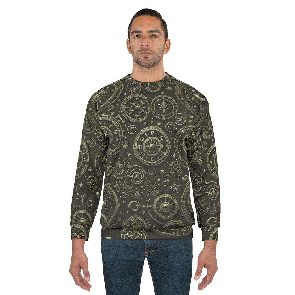 Men’s dark olive astrolabe compass sweatshirt with gold graphic, crew neck and cuffs