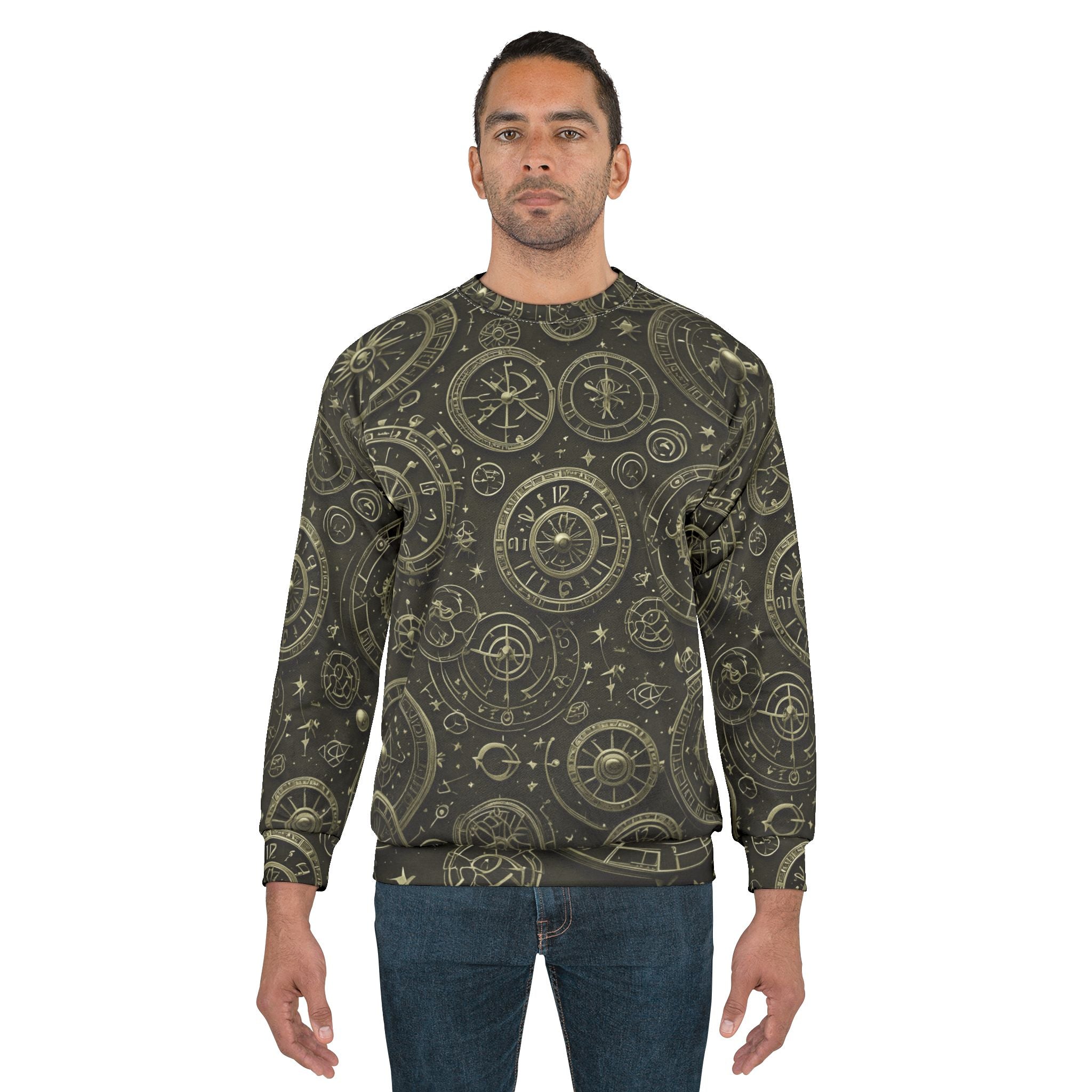 Men’s dark olive astrolabe compass sweatshirt with gold graphic, crew neck and cuffs