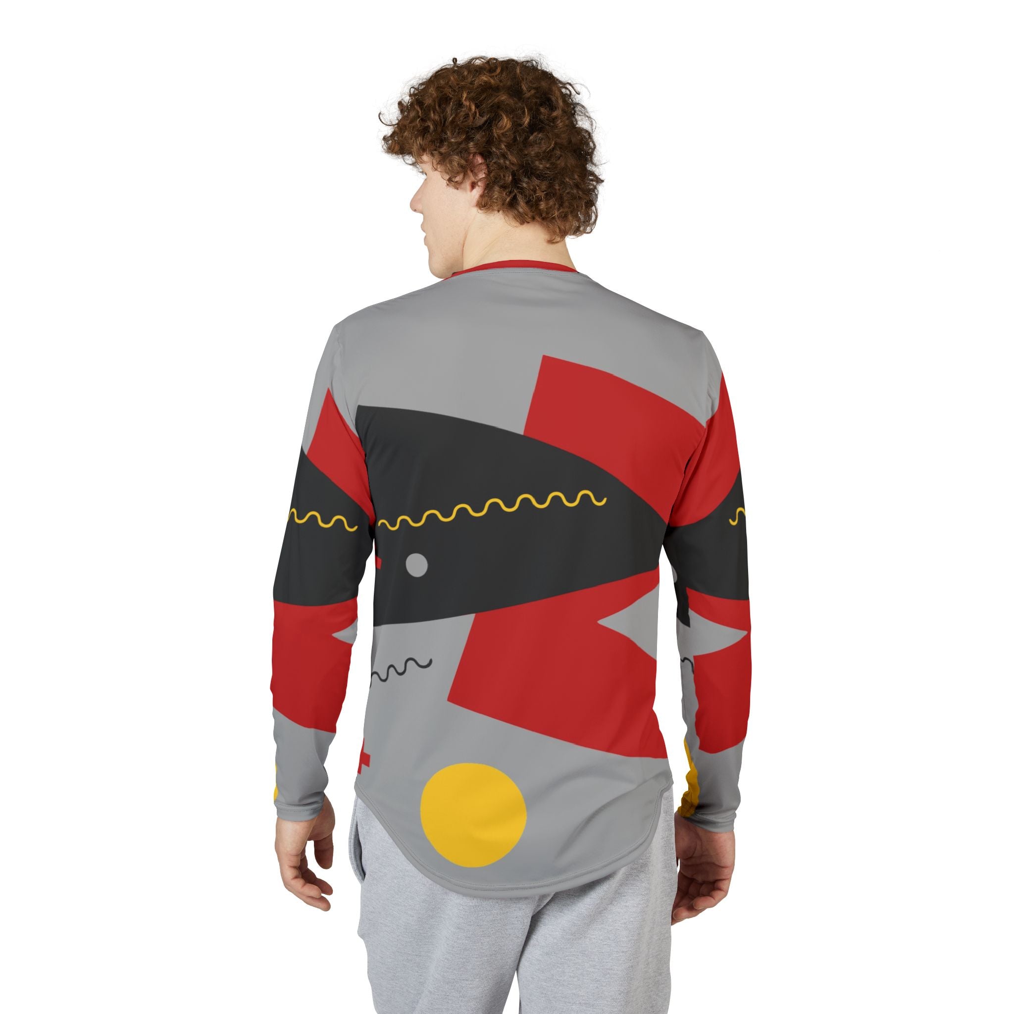 Men's Long Sleeve UV Shirt"UPF 50+" protection — Abstract Geometric Red & Gray AOP