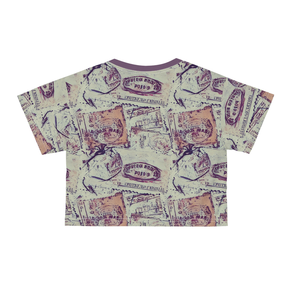 Vintage Stamp Pattern Crop Tee — Retro Postal All-Over-Print Top