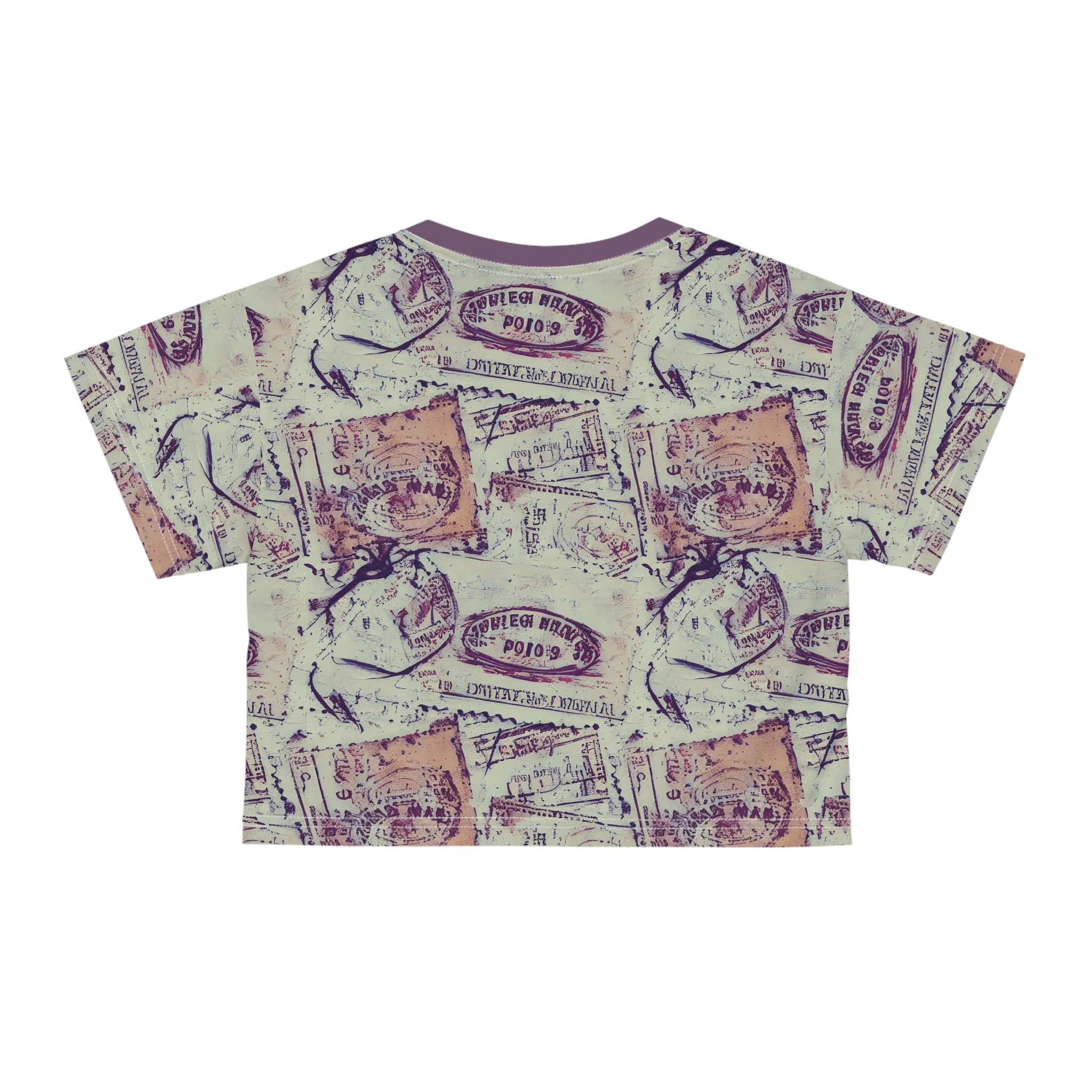 Vintage Stamp Pattern Crop Tee — Retro Postal All-Over-Print Top