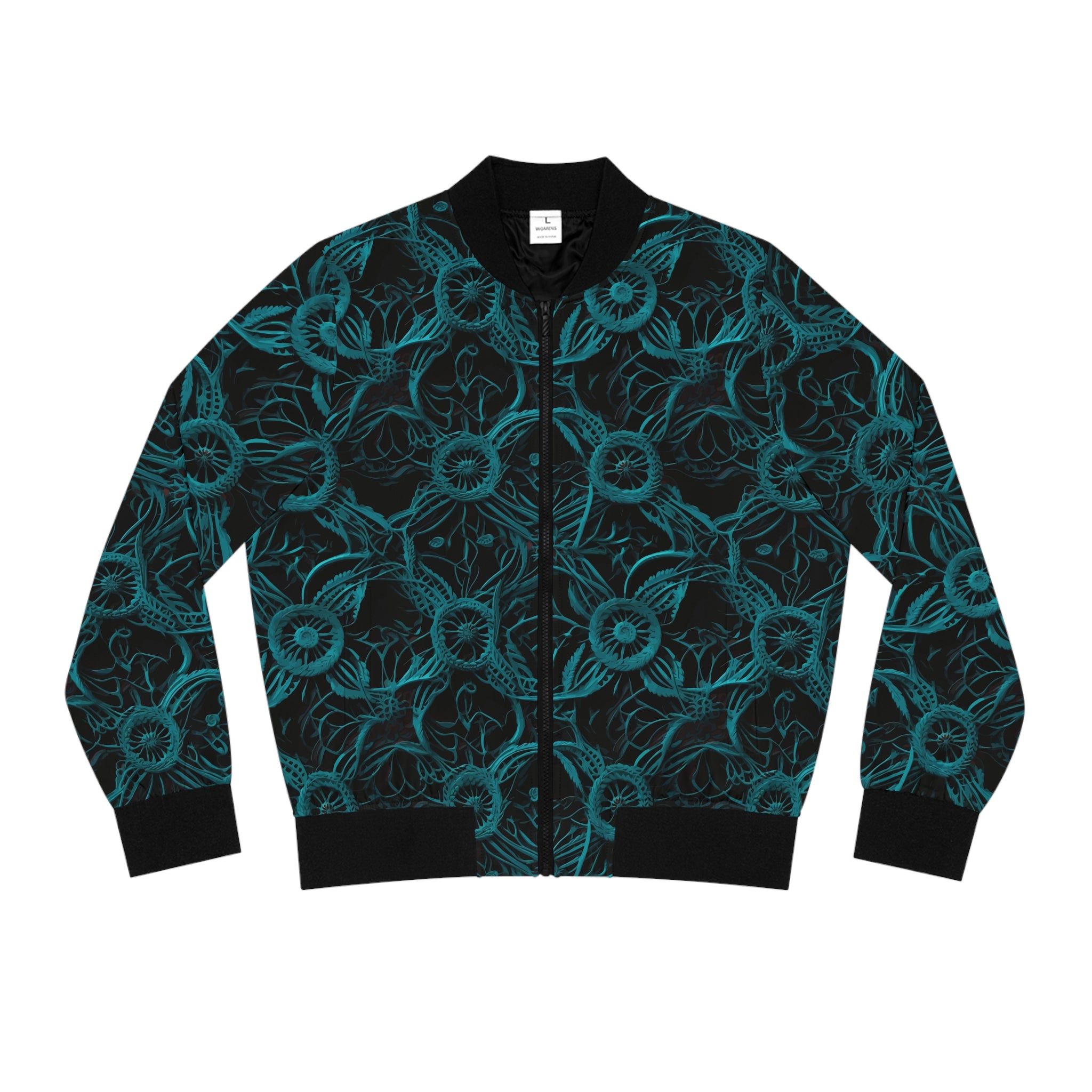 Teal Floral All-Over Print Bomber Jacket — Women's Lightweight Floral Jacket