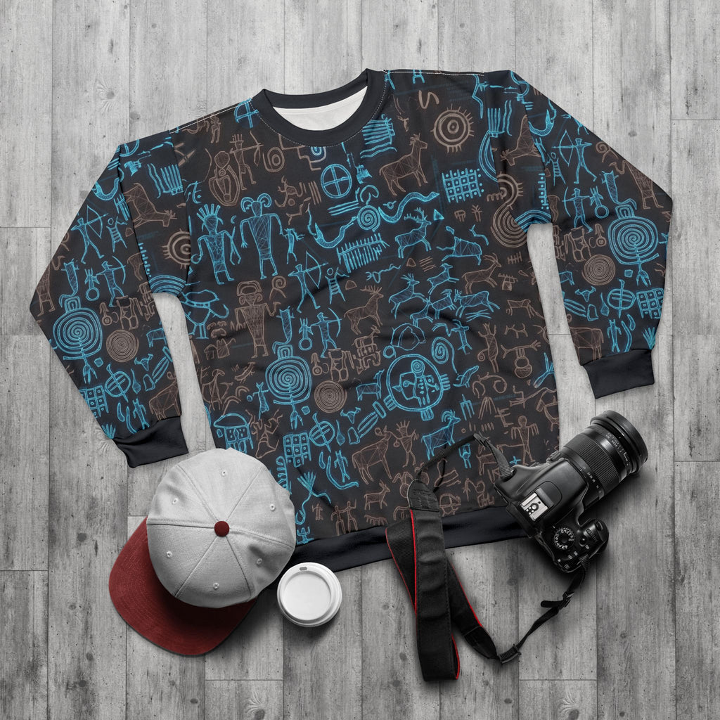 Petroglyph Pattern Sweatshirt — Blue Tribal Rock Art All-Over Print