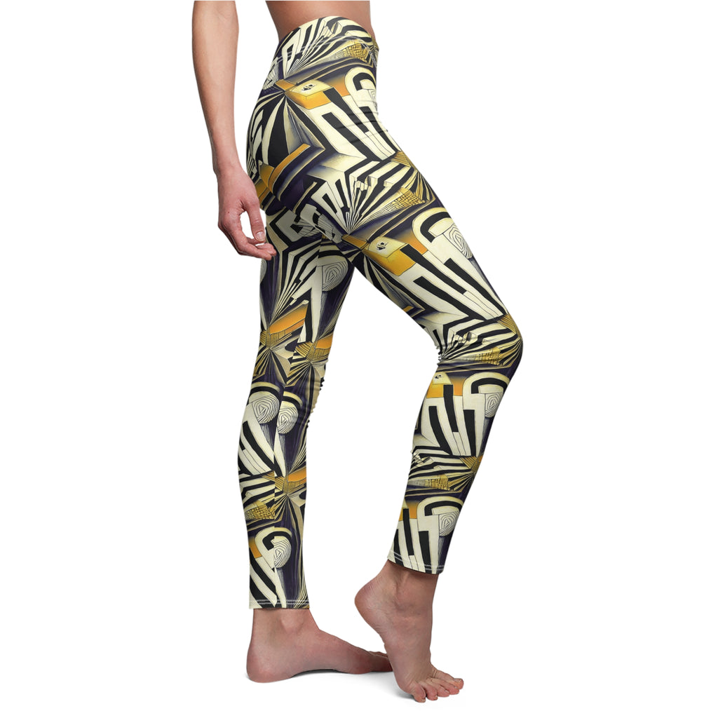 Women's leggings with abstract geometric print in yellow, black, and cream.