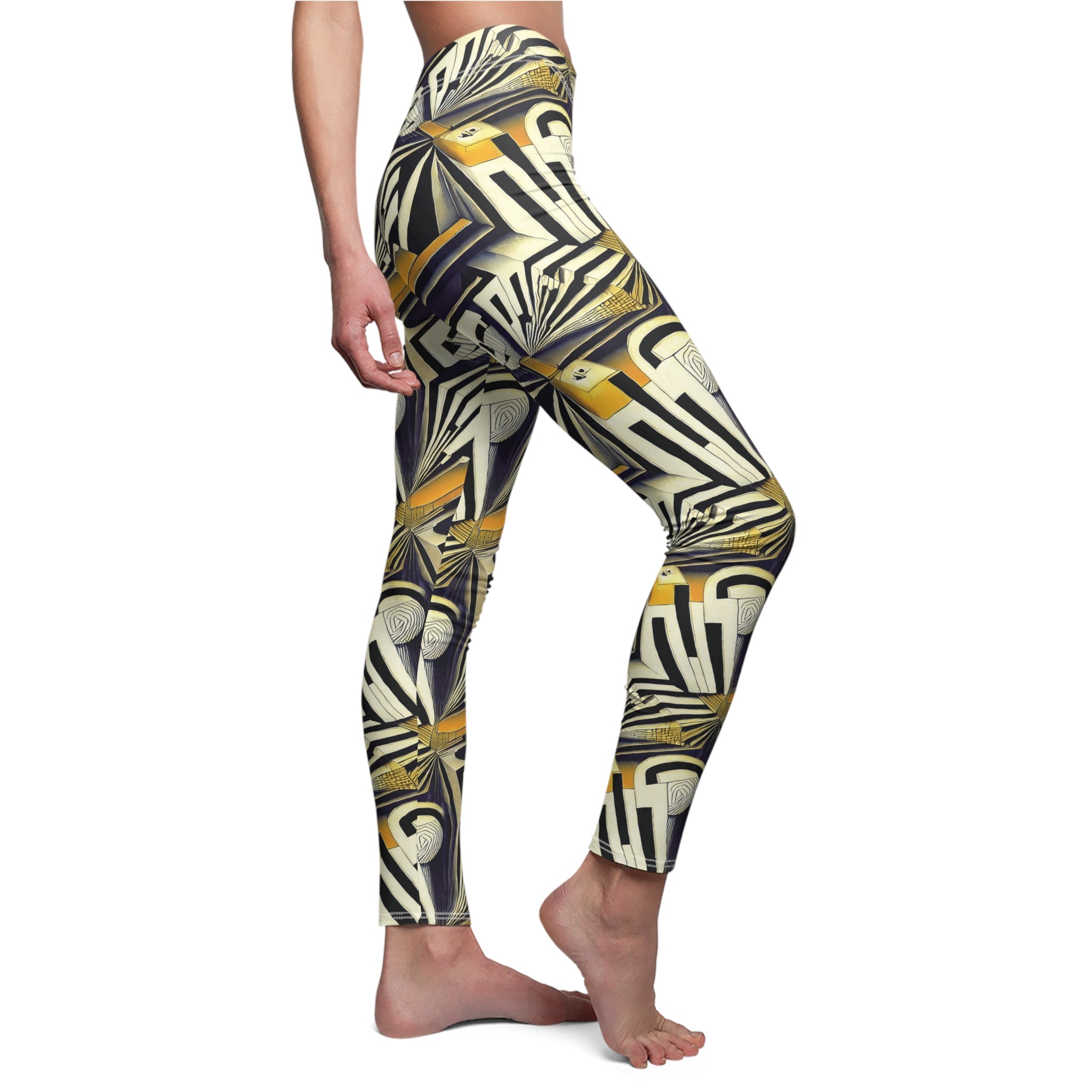 Women's leggings with abstract geometric print in yellow, black, and cream.