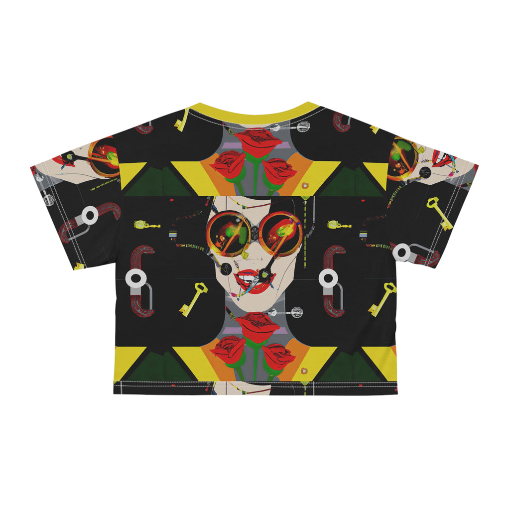 Abstract Retro Face Crop Tee — Colorful Pop Art Sunglasses Design