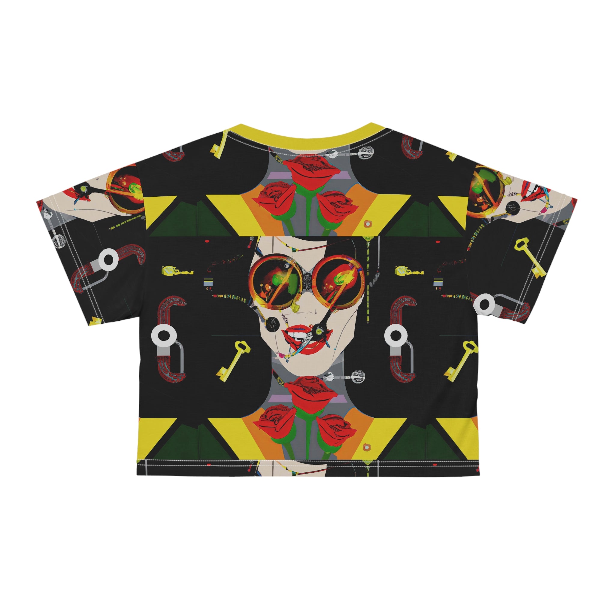 Abstract Retro Face Crop Tee — Colorful Pop Art Sunglasses Design