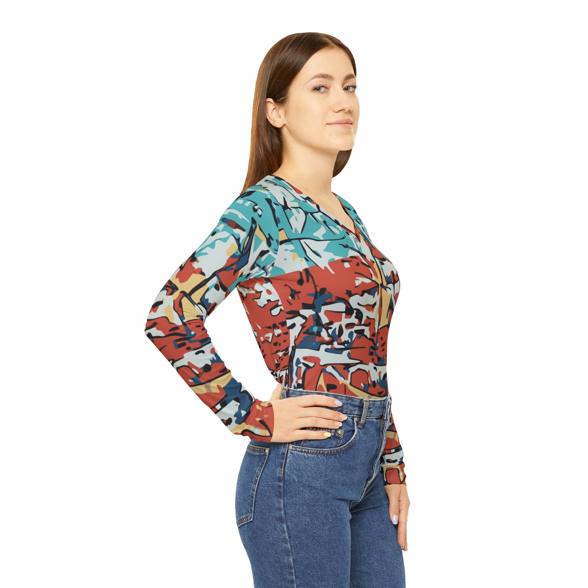Three-quarter view of women’s V-neck long-sleeve abstract coastal print top in teal red