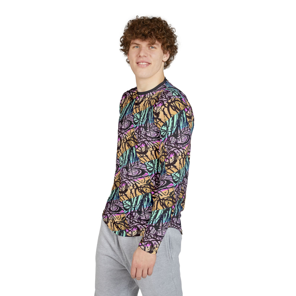Men's butterfly patterned long-sleeve shirt on model, side view, crew neck, multicolor print