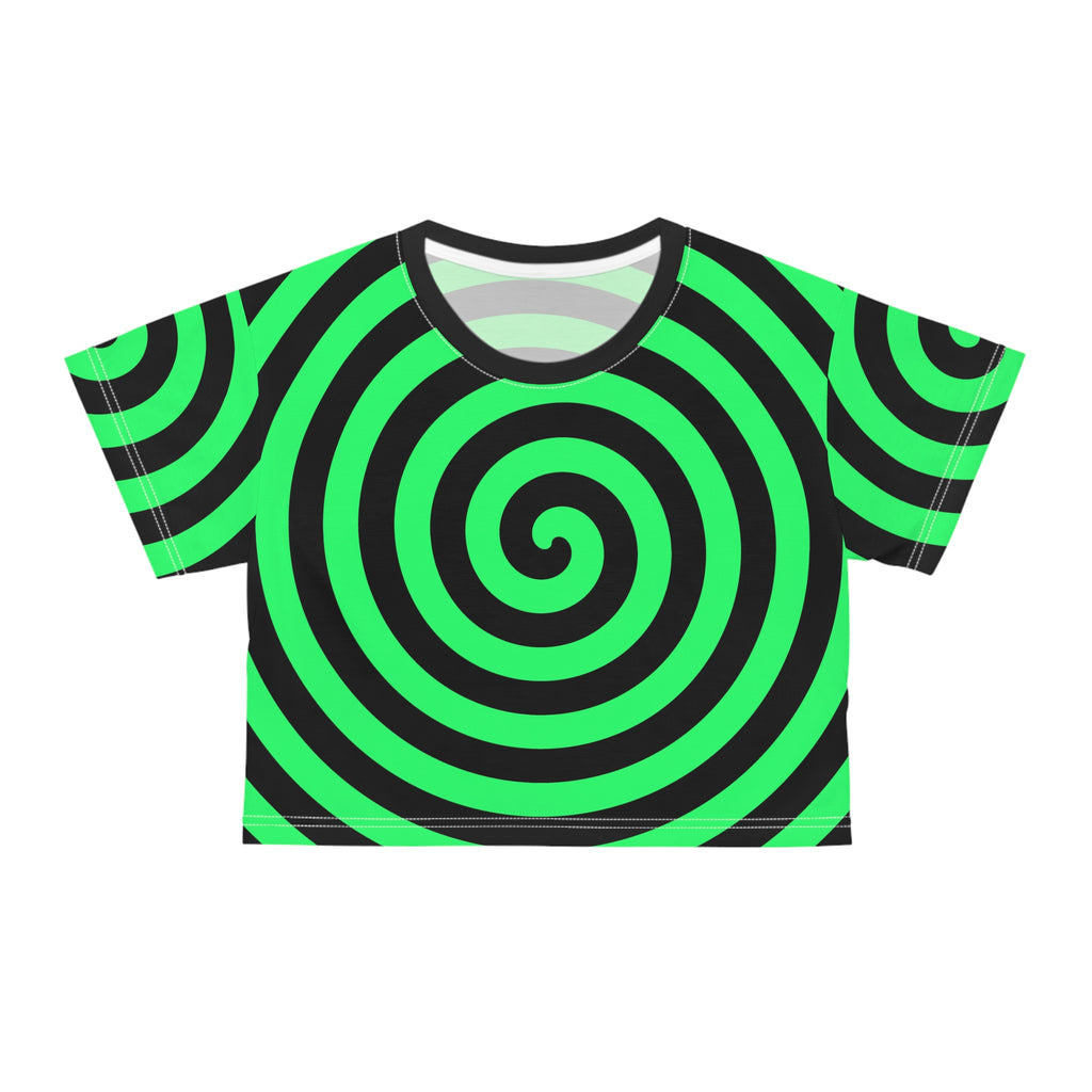 Neon Spiral Crop Tee — Green Hypnotic Swirl All-Over Print