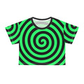 Neon Spiral Crop Tee — Green Hypnotic Swirl All-Over Print