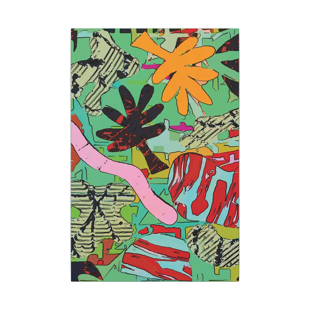 Square abstract botanical canvas print with teal backdrop, pink hand-like form, and orange flower