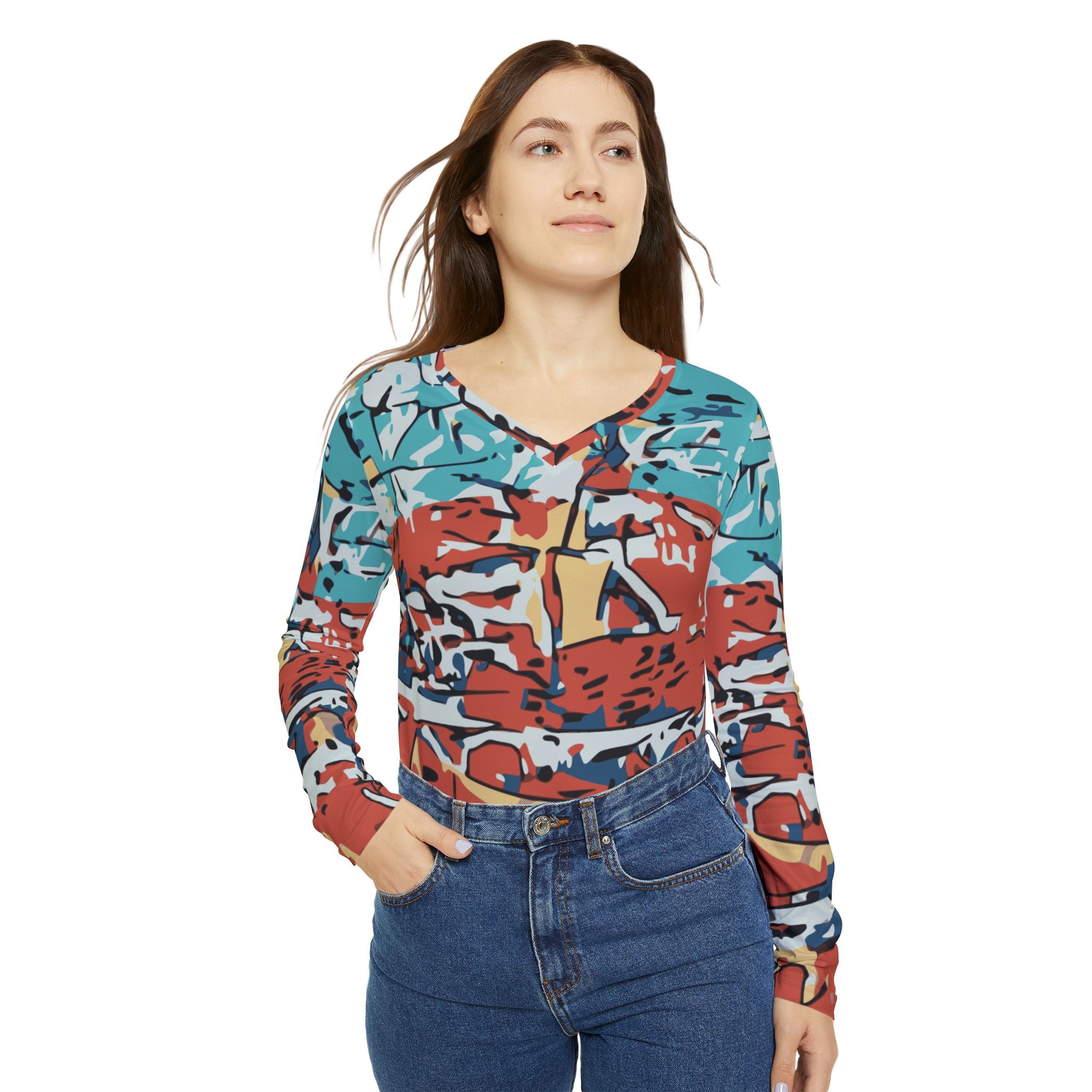 Front view of women’s V-neck long-sleeve abstract coastal print top with teal and red