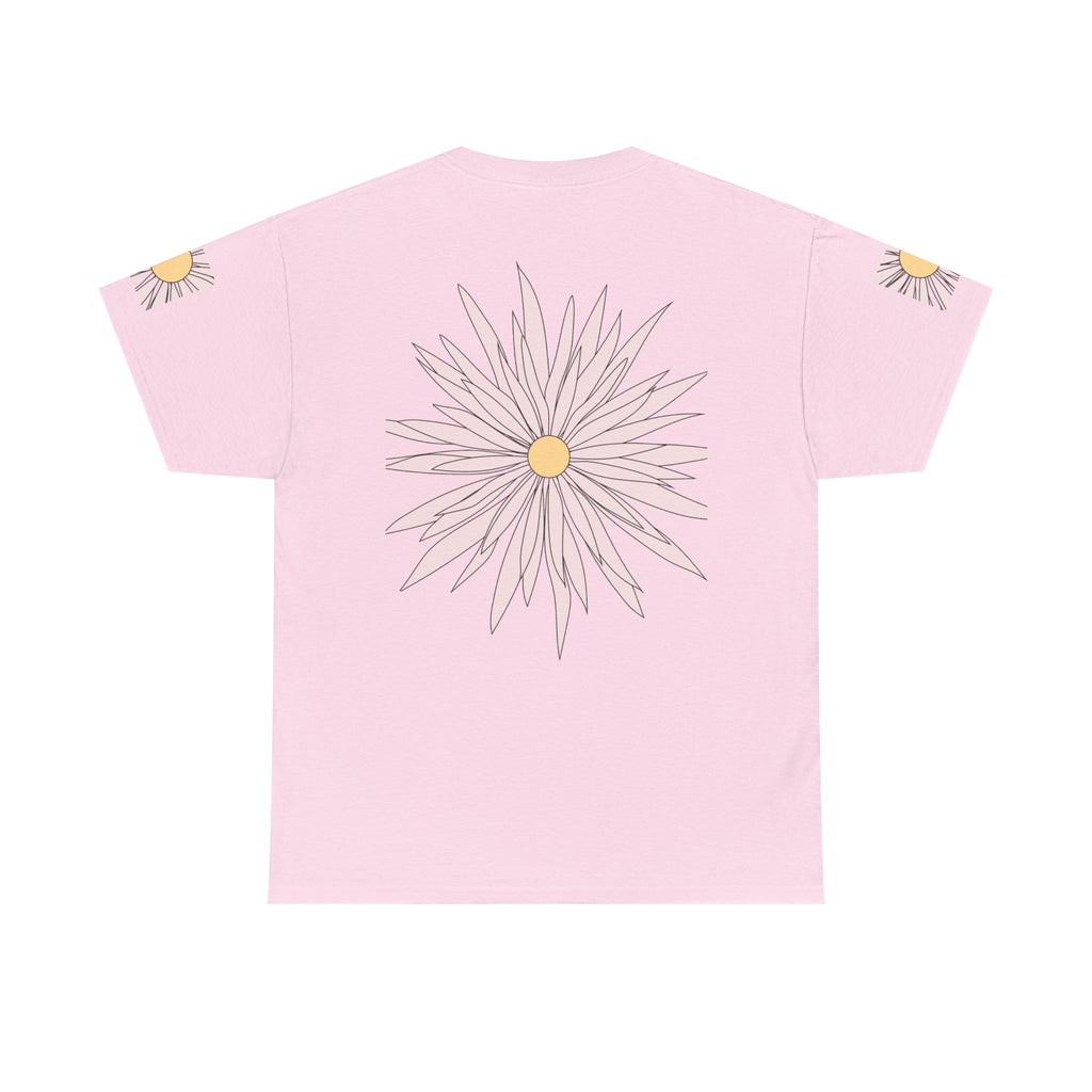 Light pink graphic tee with large back daisy flower print and yellow center.