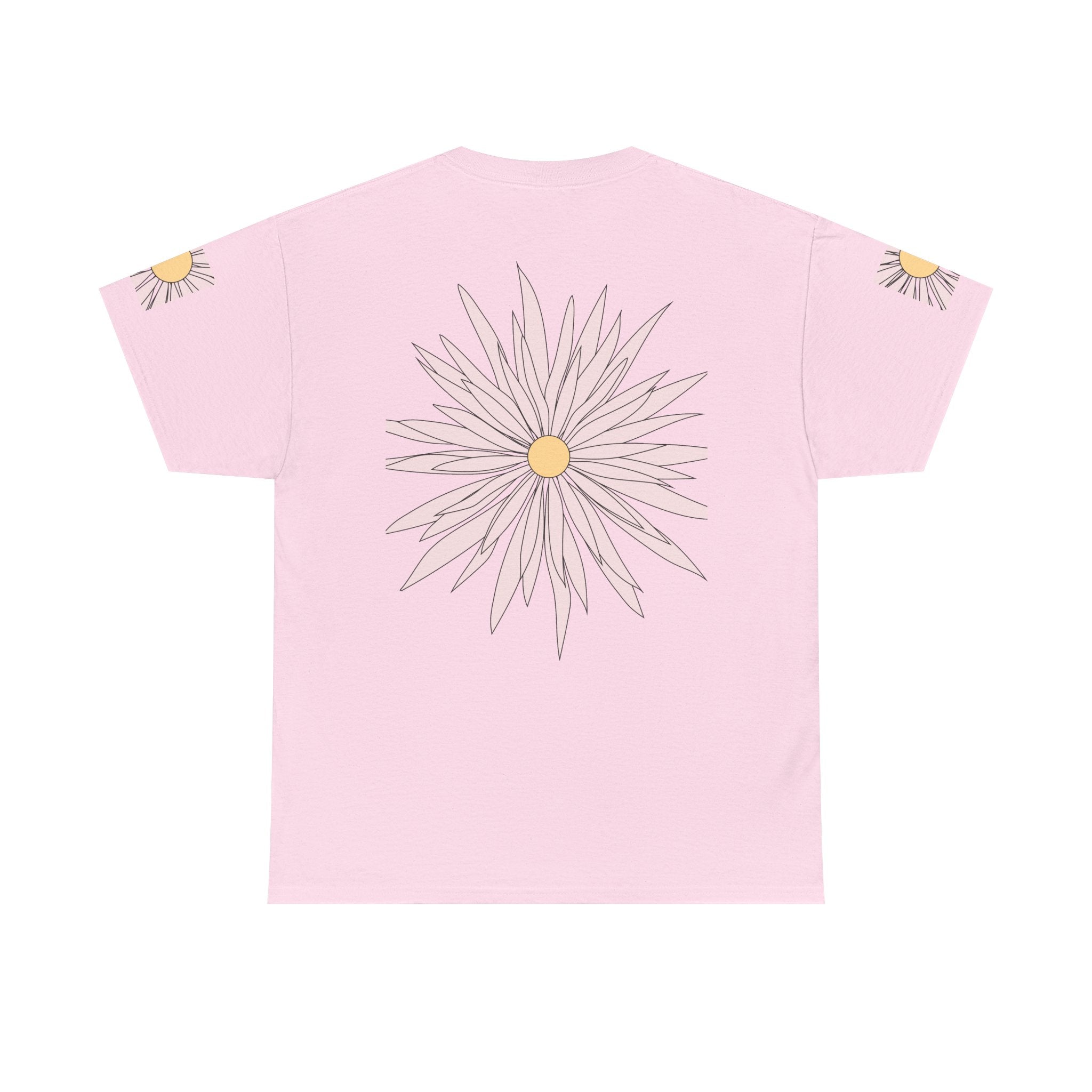 Light pink graphic tee with large back daisy flower print and yellow center.
