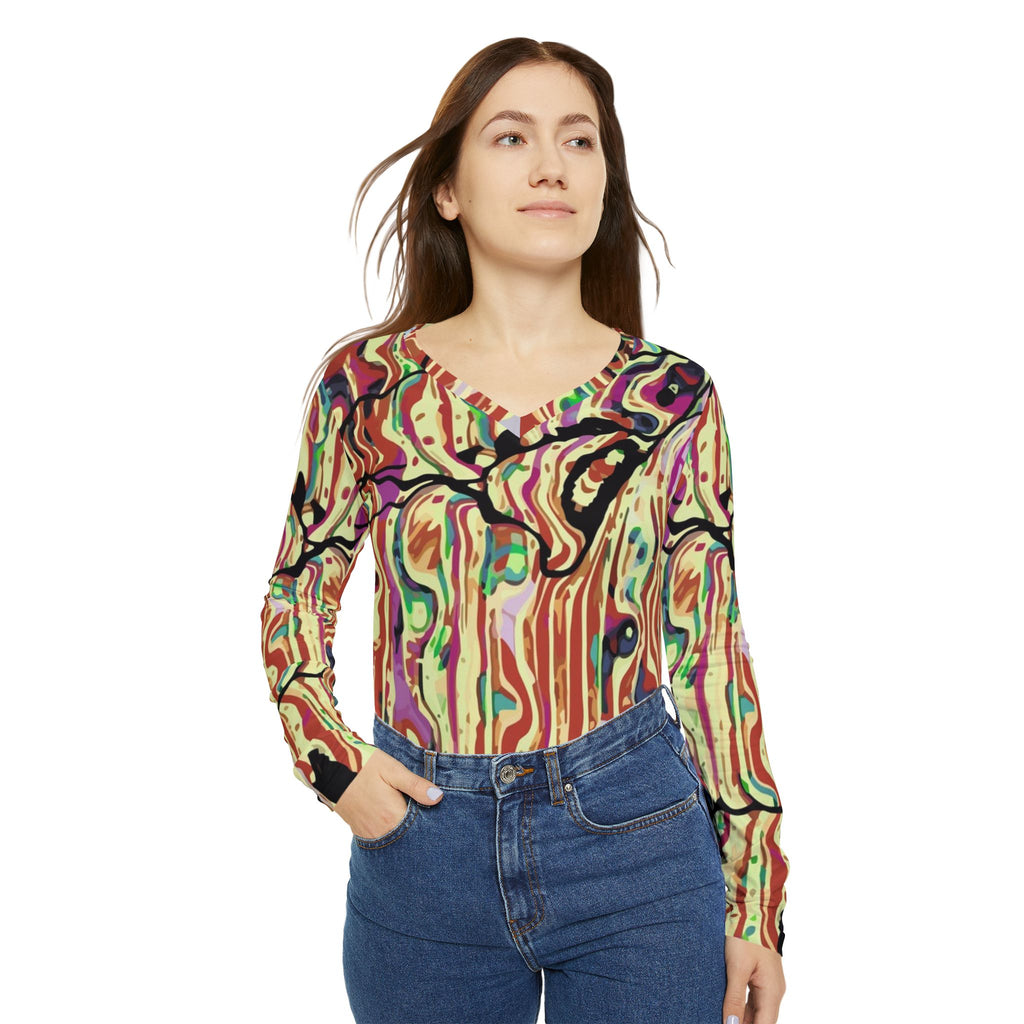 Women's abstract swirl v-neck long-sleeve top, multicolor print with bold contrast