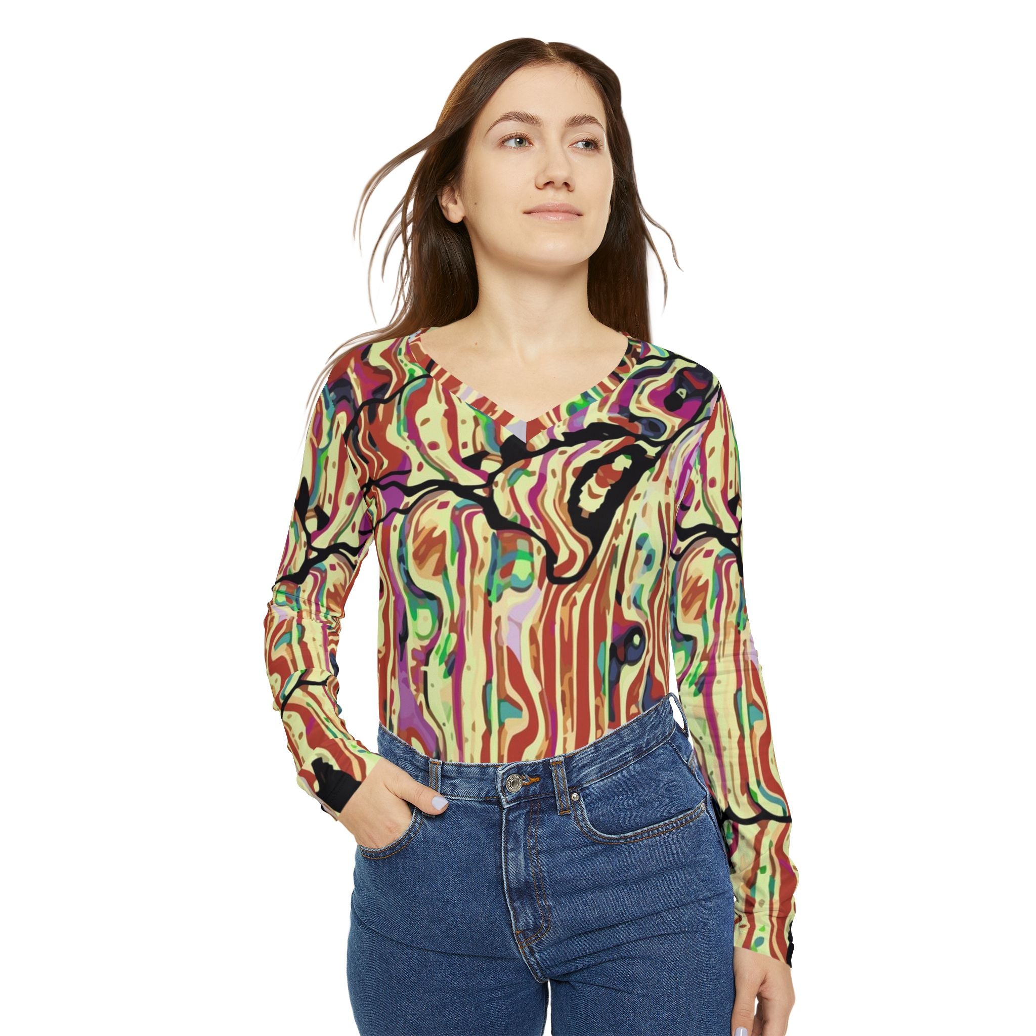 Women's abstract swirl v-neck long-sleeve top, multicolor print with bold contrast