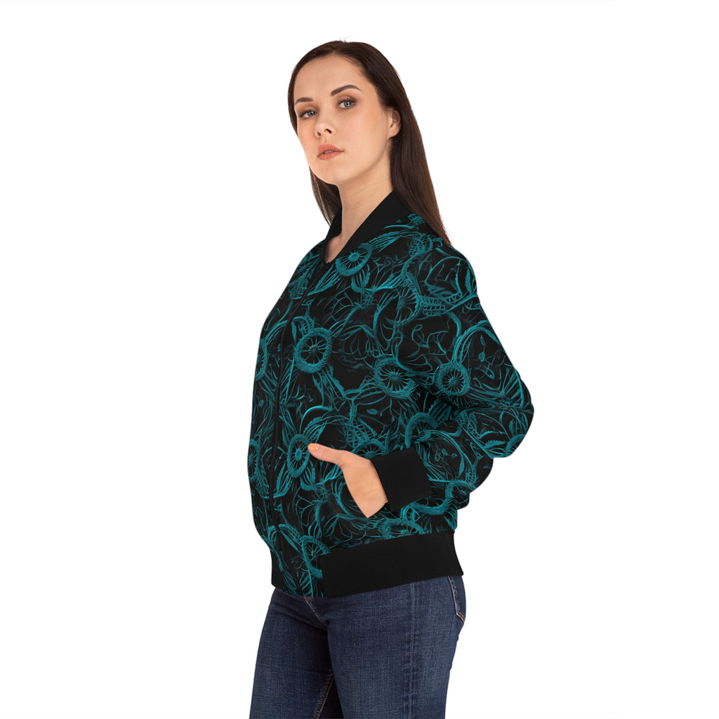Women's teal floral bomber jacket with black ribbed collar and cuffs