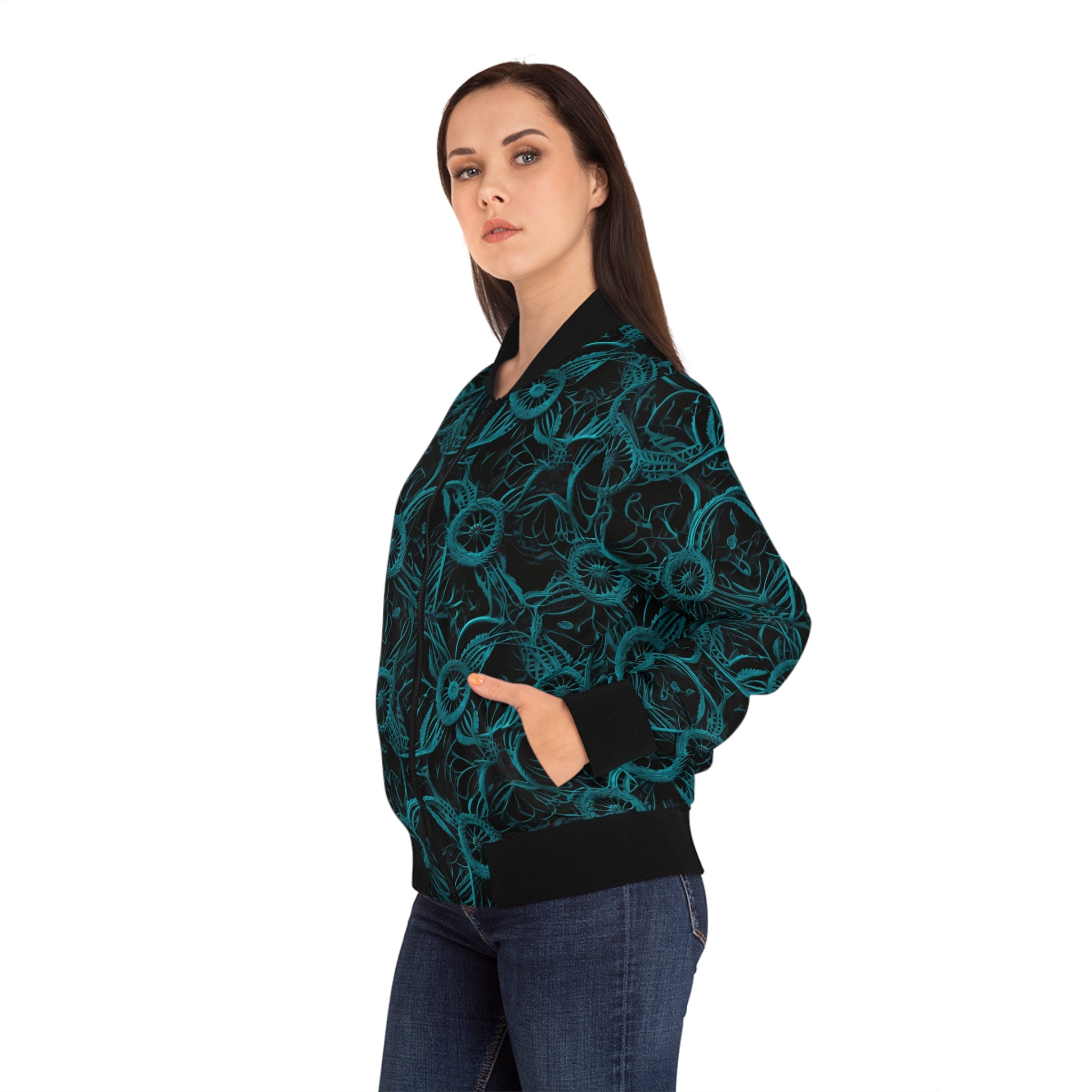 Women's teal floral bomber jacket with black ribbed collar and cuffs