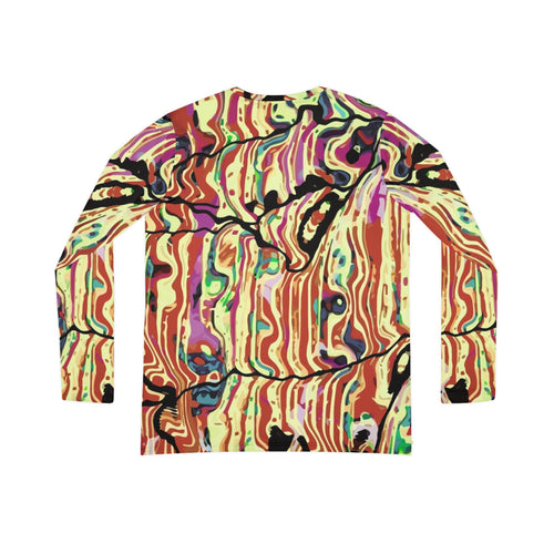 Women's v-neck long-sleeve top with abstract psychedelic swirl pattern in multicolor