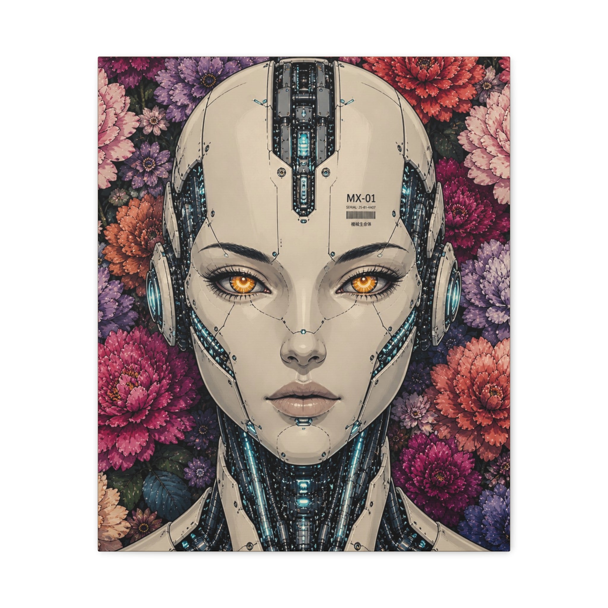 Square canvas print featuring a female android face with glowing blue details and floral blossoms.