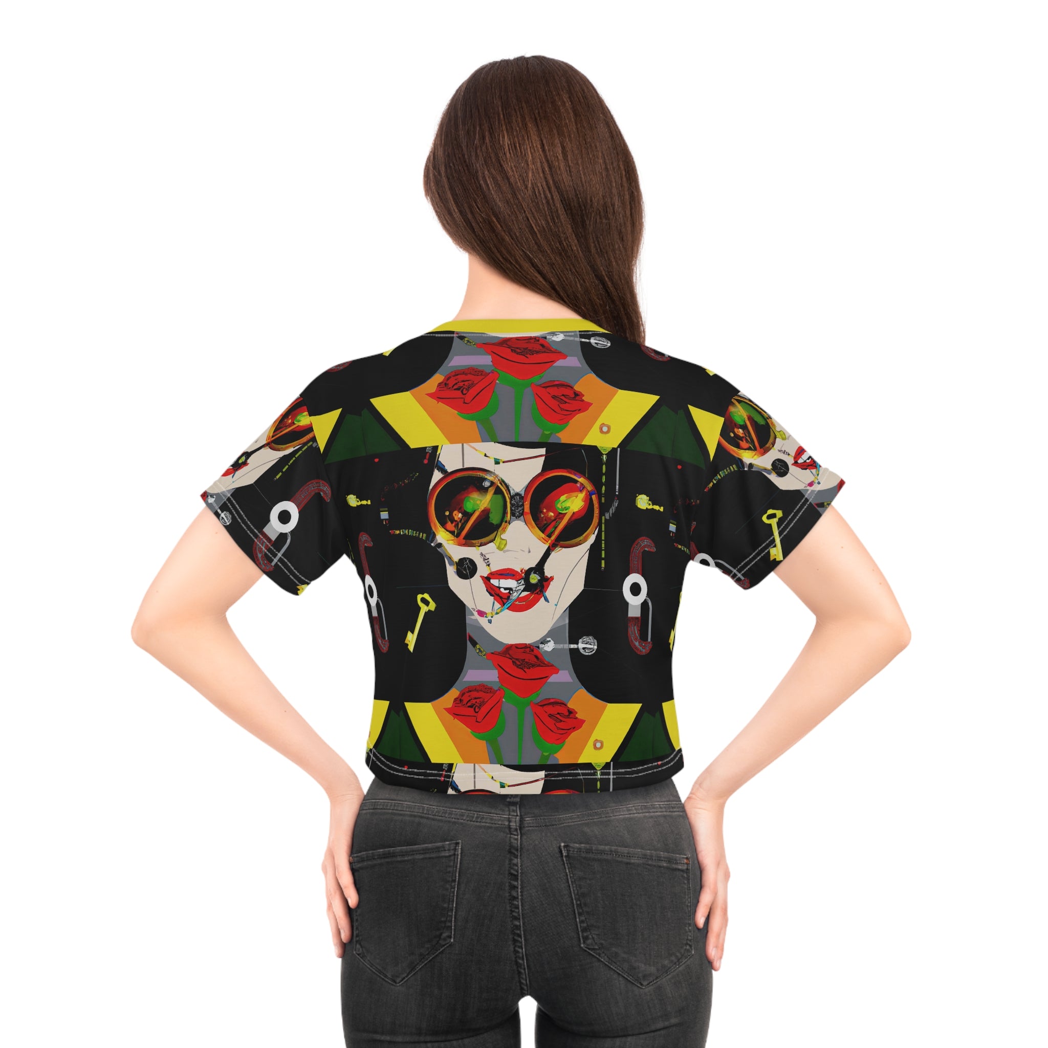 Abstract Retro Face Crop Tee — Colorful Pop Art Sunglasses Design