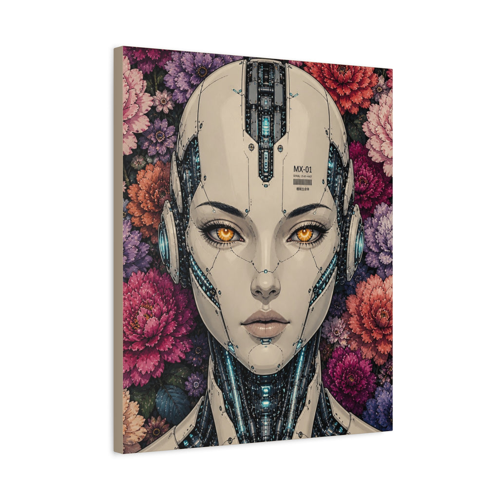 Android woman portrait canvas print with multicolor flowers and blue metallic facial circuitry