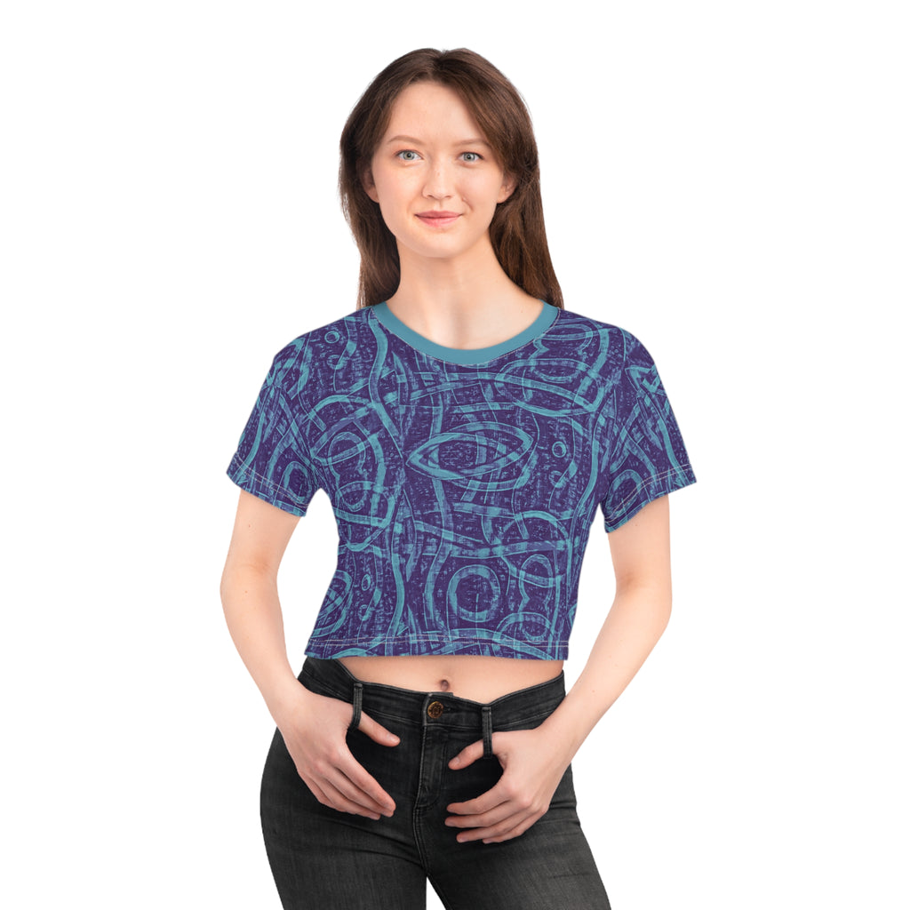 Indigo geometric print crop T-shirt on model, crew neck and short sleeves