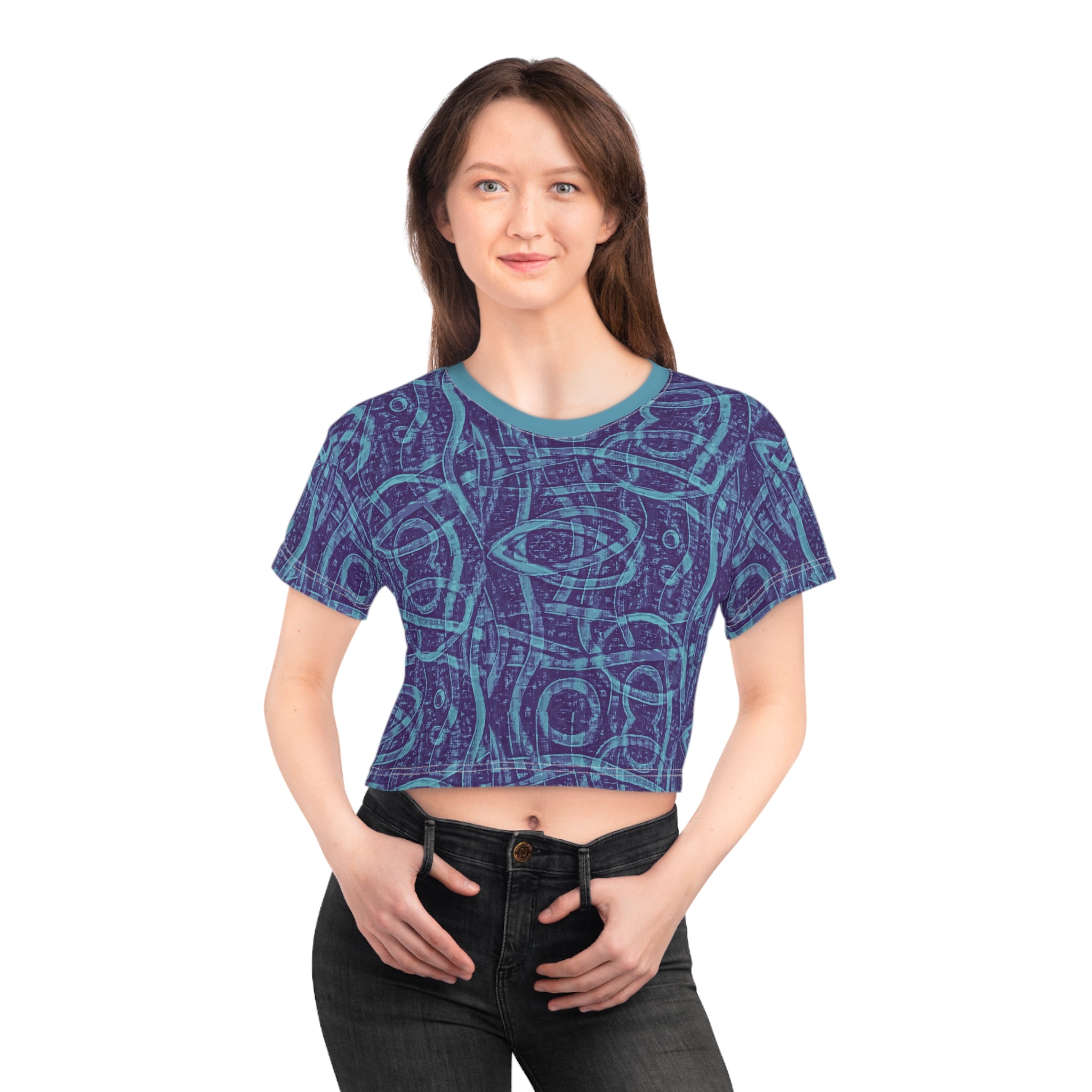 Indigo geometric print crop T-shirt on model, crew neck and short sleeves