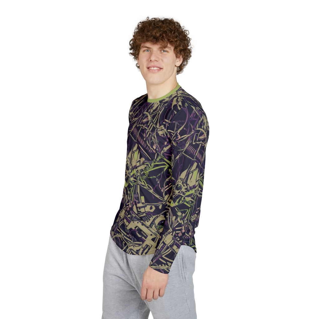Men's long sleeve UV shirt, side view in dark navy with green and tan abstract camo print