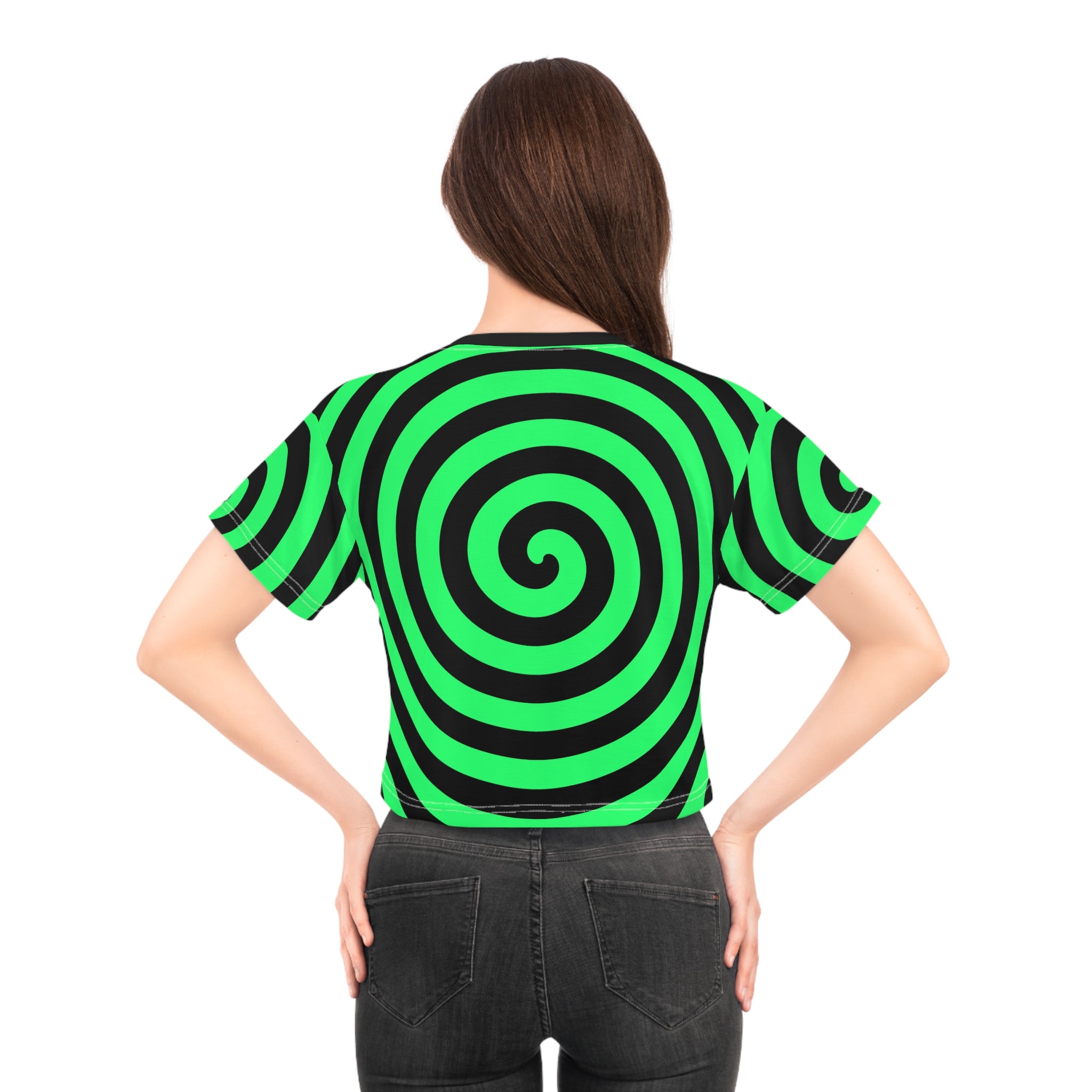 Neon Spiral Crop Tee — Green Hypnotic Swirl All-Over Print