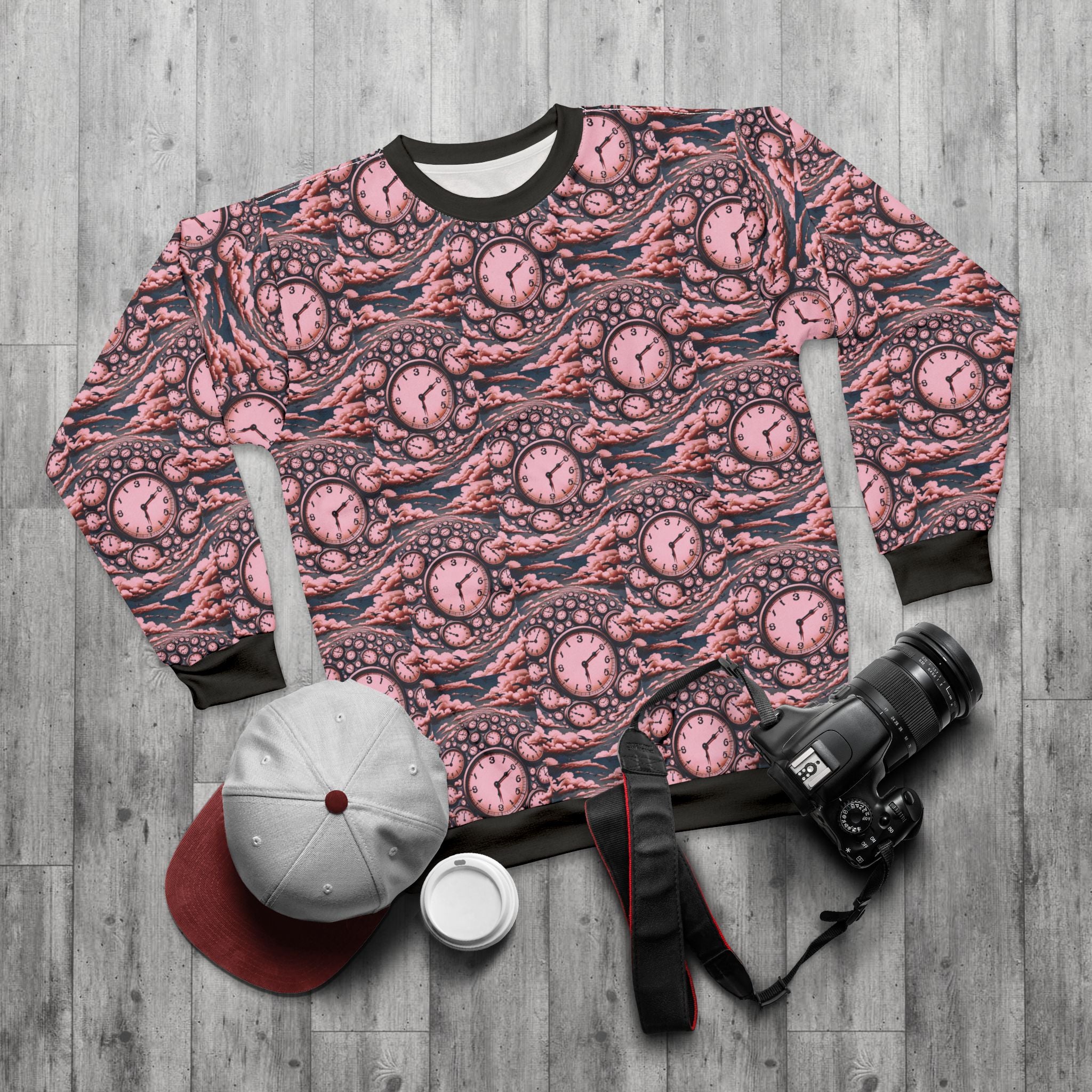 All-Over Print Sweatshirt — Surreal Pink Clockwave Pattern