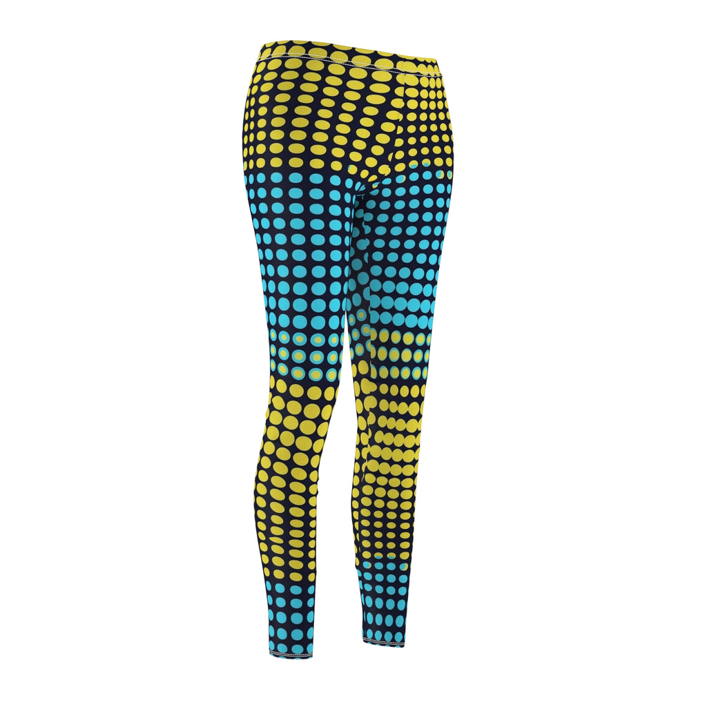 Leggings back view showing yellow and teal dot pattern across the legs