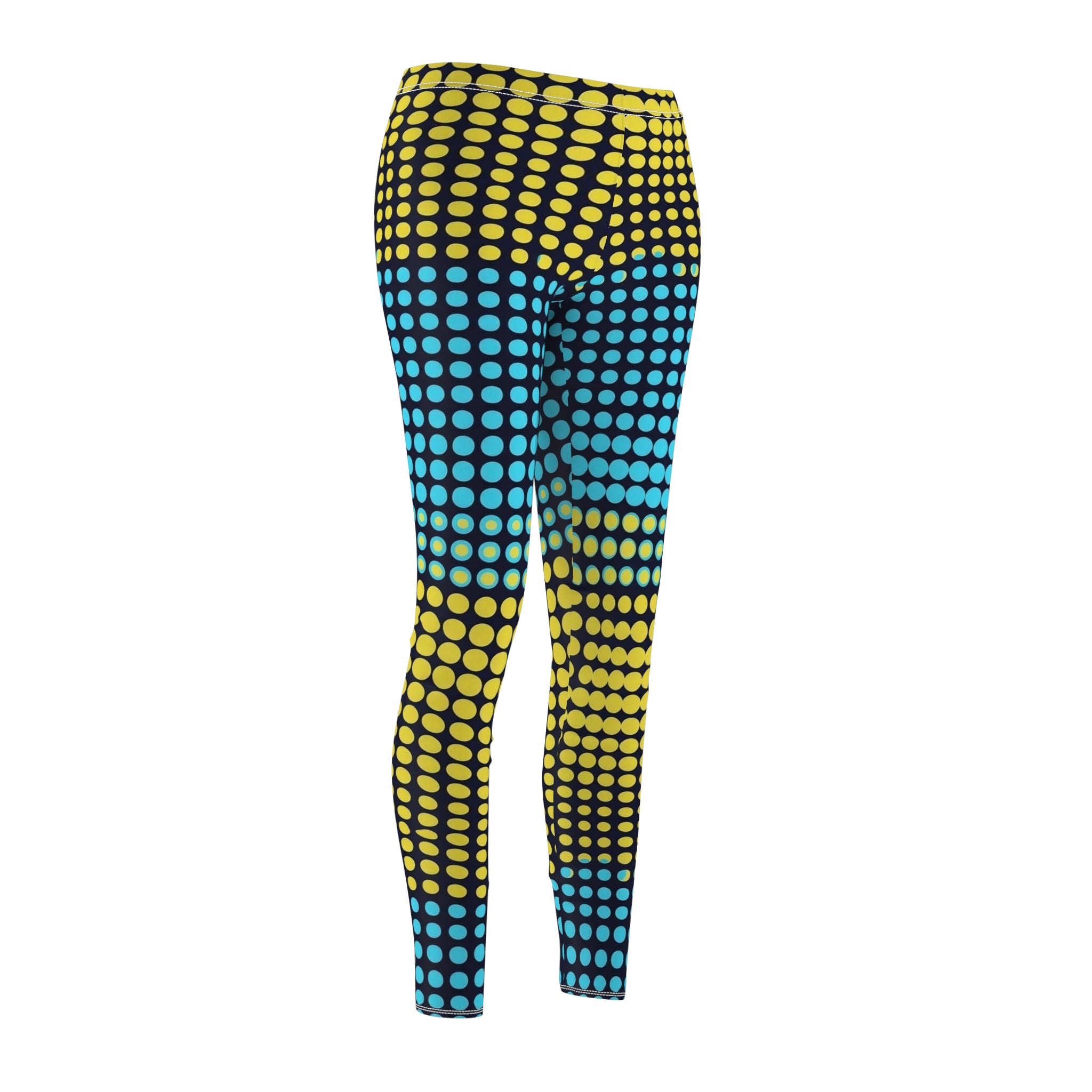 Leggings back view showing yellow and teal dot pattern across the legs